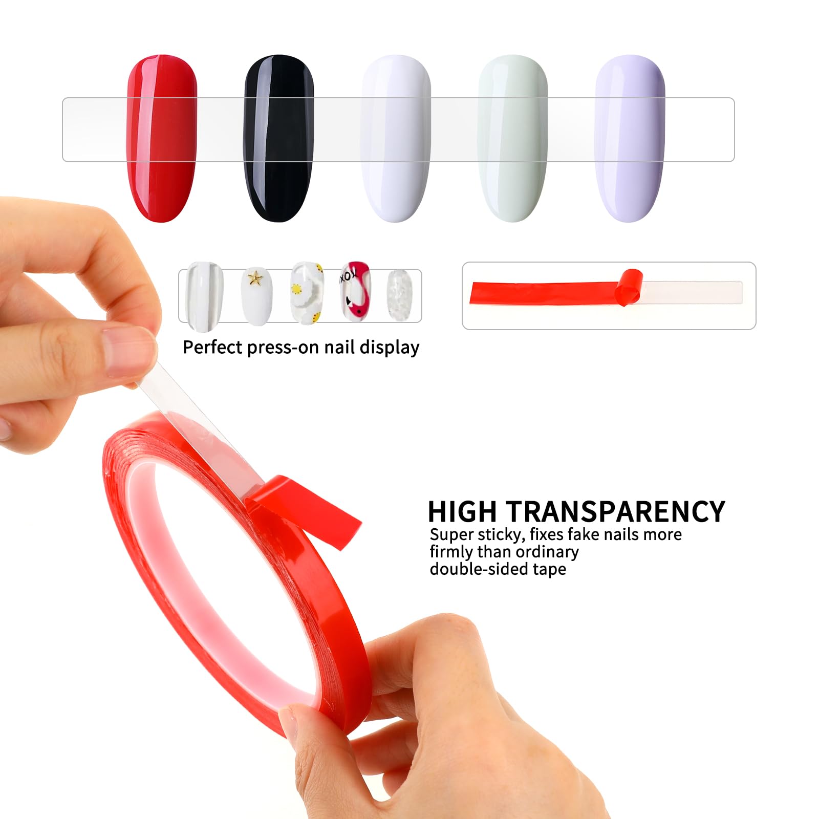 Mozeat Lens 2 Rolls Double Sided Tape For Press On Nails Adhesive Strong Sticky Nail Tapes Waterproof Removable Traceless Clear