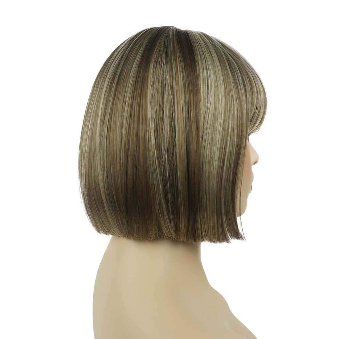 Lydell 8'' Straight Short Bob Hair Flat Bangs Cute Central Dot Skin Top Heat Resistant Synthetic Wigs (18-22 Light Ash Brown)