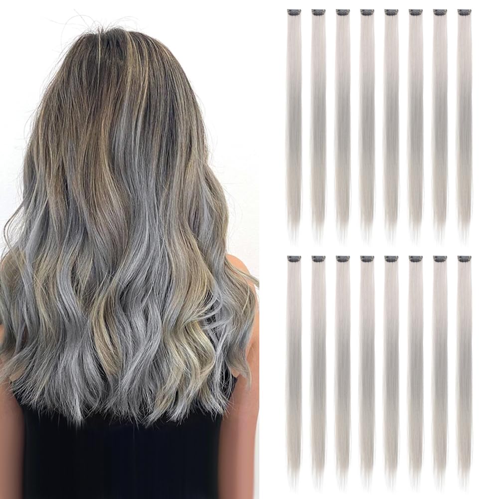 KGBFASS Grey Hair Extensions 20inch One Color Clip in on Hairpieces Straight Halloween Cosplay Christmas Party Highlights Synthe