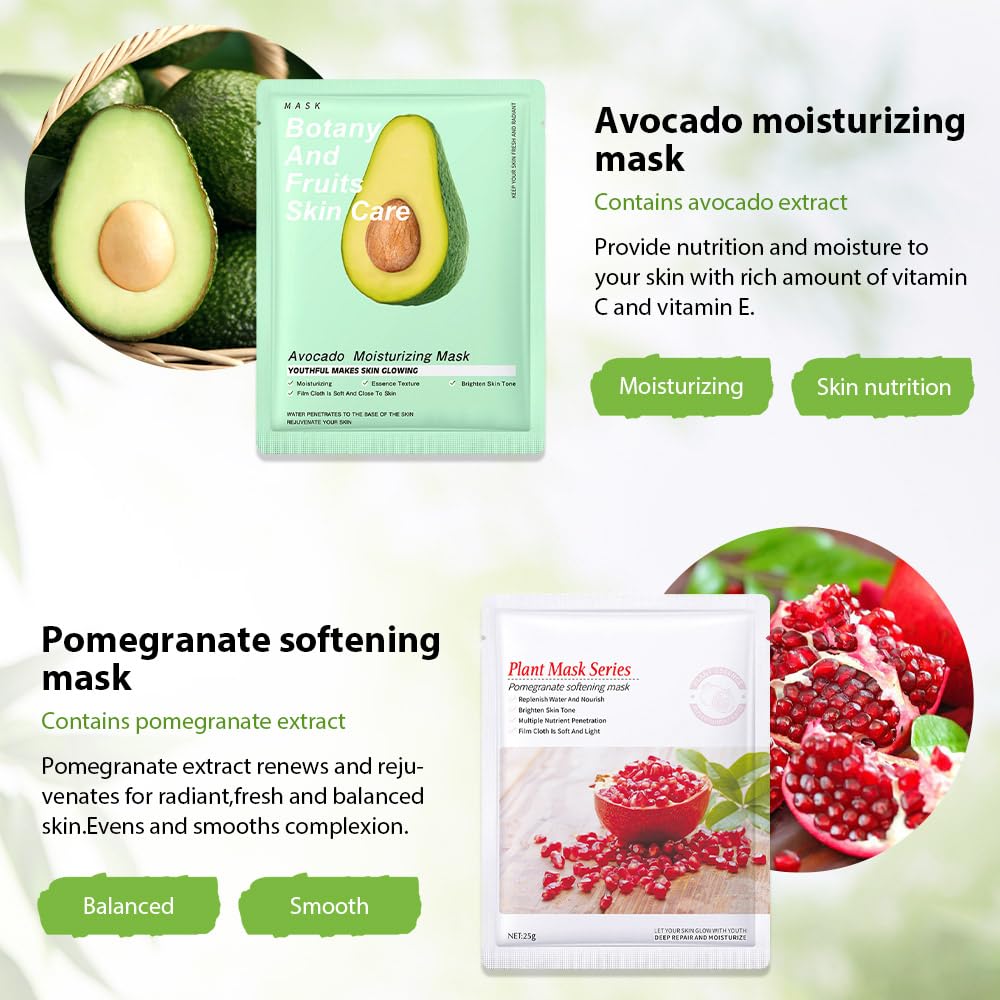 6 Pcs Real Nature Hydrating Strawberry Cherry Peach Face Mask Skincare, Hyaluronic Acid, Vitamin C And E, Chamomile, Korean Beau