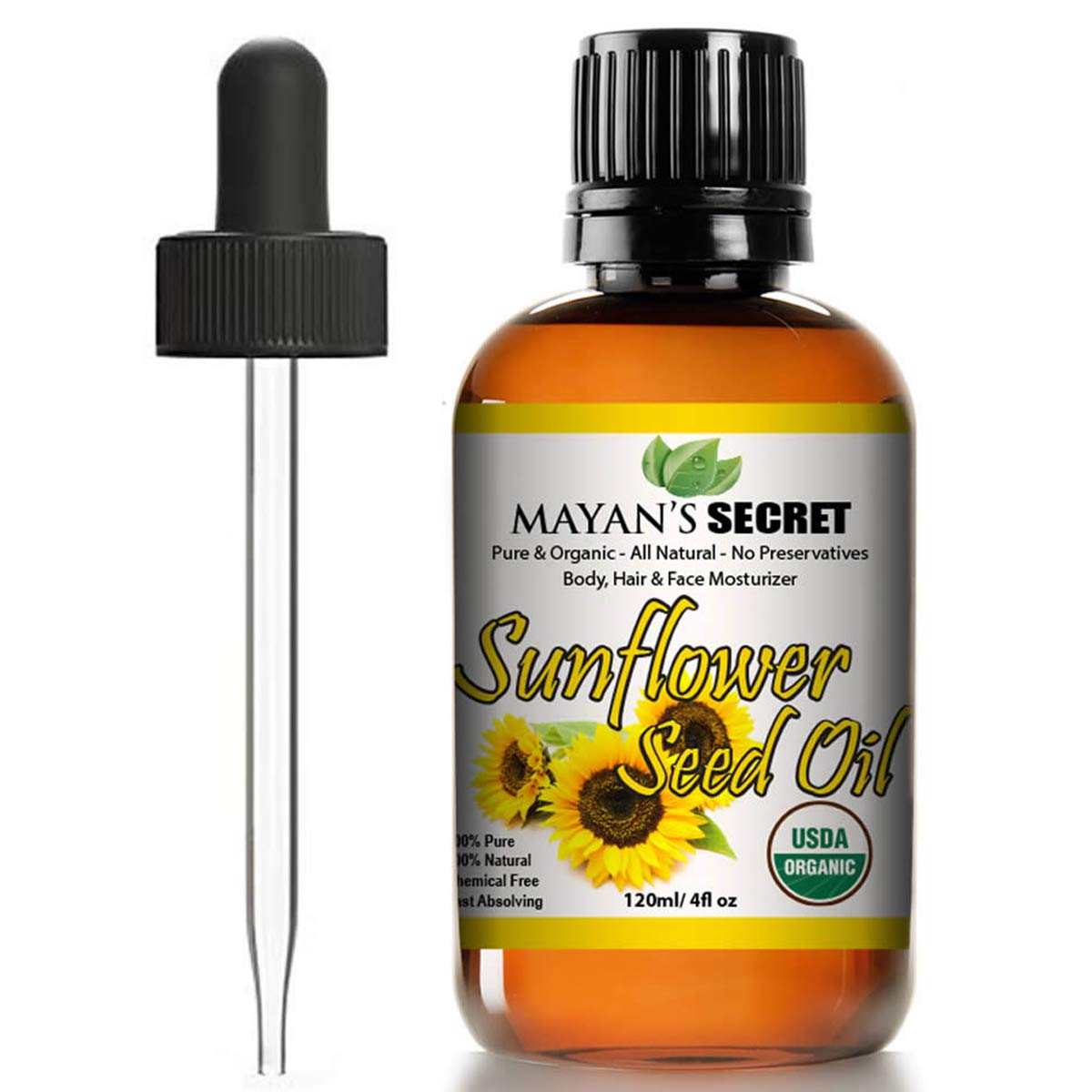 Mayan's Secret SUNFLOWER SEED OIL - 4oz size | All Natural Cold Pressed USDA Certified Organic - High Linoleic | Best for Acne P