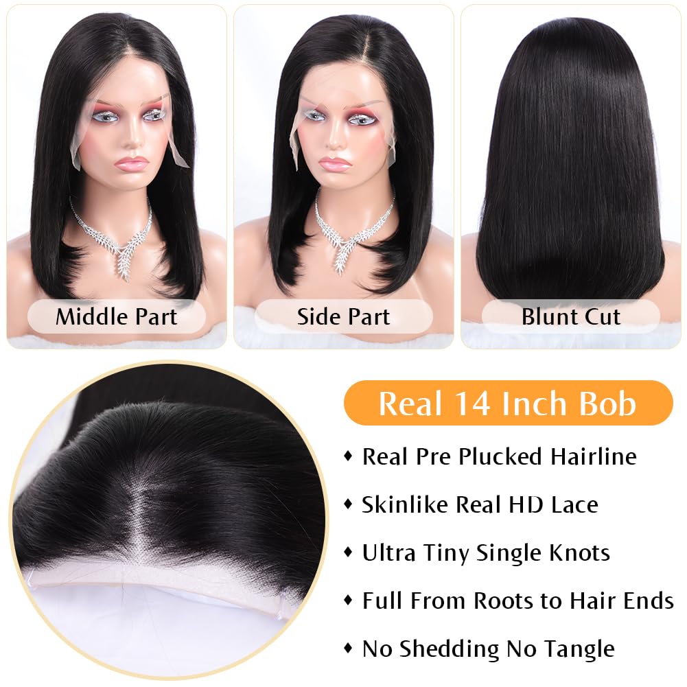 Flady 14 inch Bob Wig Human Hair 13x4 HD Lace Front Wigs Human Hair Pre Plucked 150% Density Straight Human Hair Bob Wig Glueles