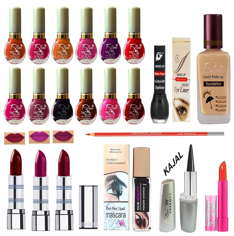 F Zone Makeup Kit With 12 Nail Polish Eye Liner Foundation 3 Lipstick Mascara Lip Balm And Kajal Vc62