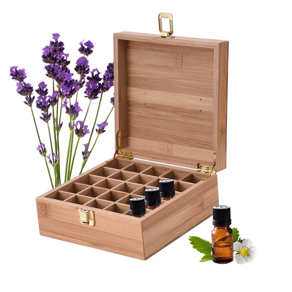 Pure Vie Essential Oil Bamboo Storage Box Travel Display Presentation, Holds 25 Bottles for 5, 10, 15ml - Aromatherapy Organizer
