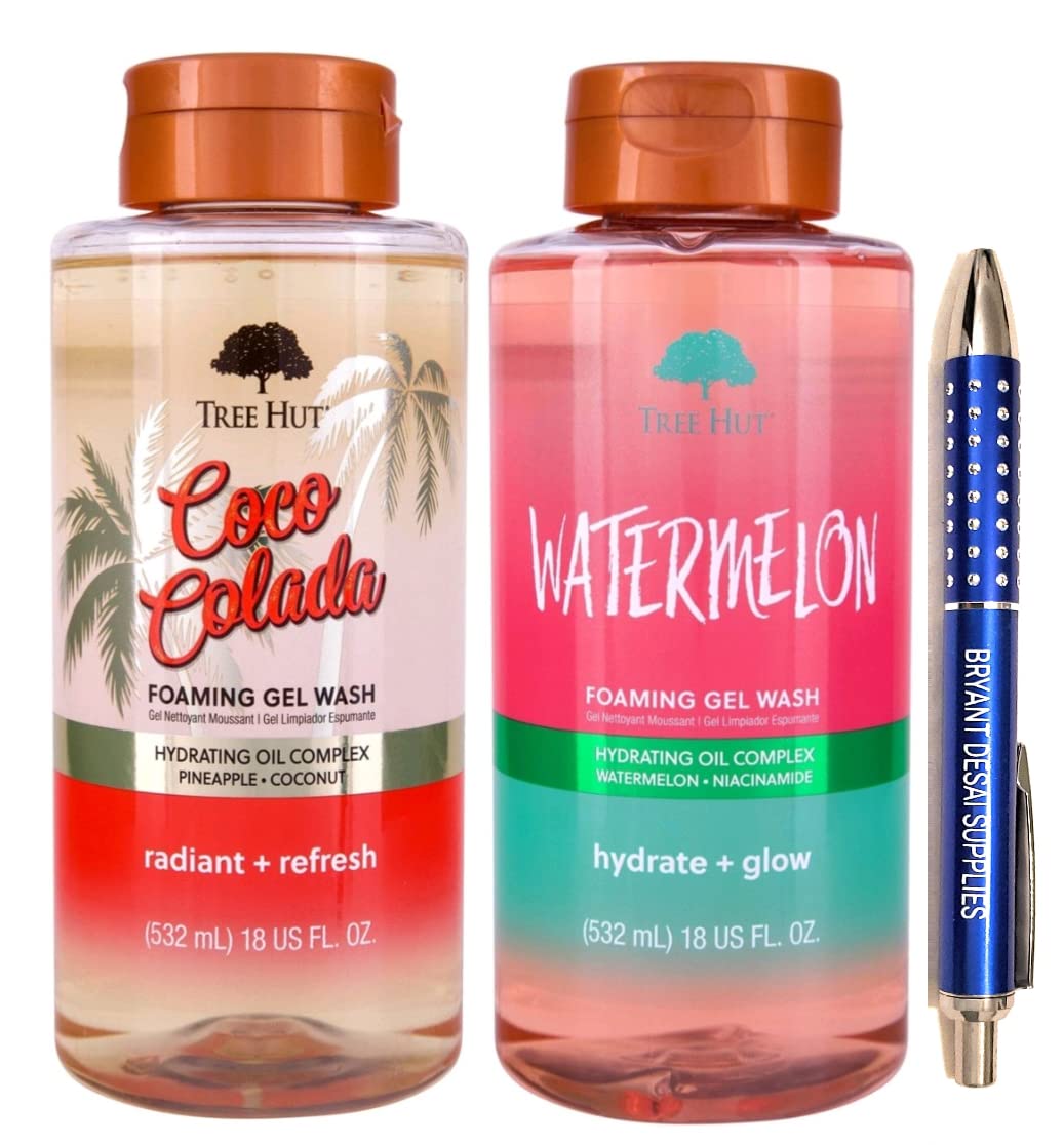 Tree Hut Coco Colada Foaming Gel Body Wash - 18 fl oz Watermelon oz, Packaged with BRYANT DESAI SUPPLIES Pen 2 PCs,36 Fl Oz