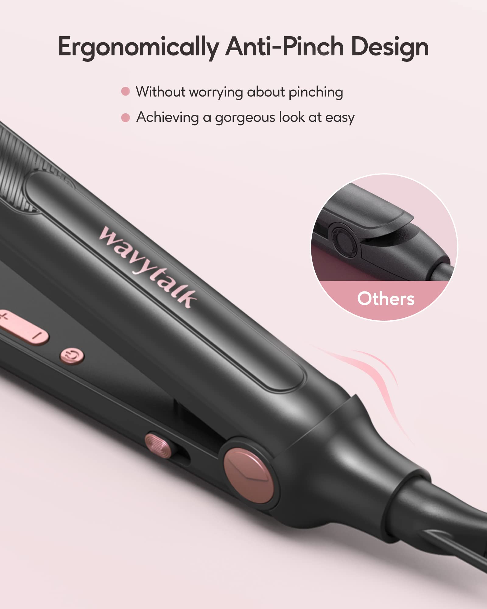 Wavytalk 3/10 Mini Hair Straightener, Bright Rose Gold, Flat Iron for Short Hair, Pixie Cut & Bangs with Anti-Pinch Design