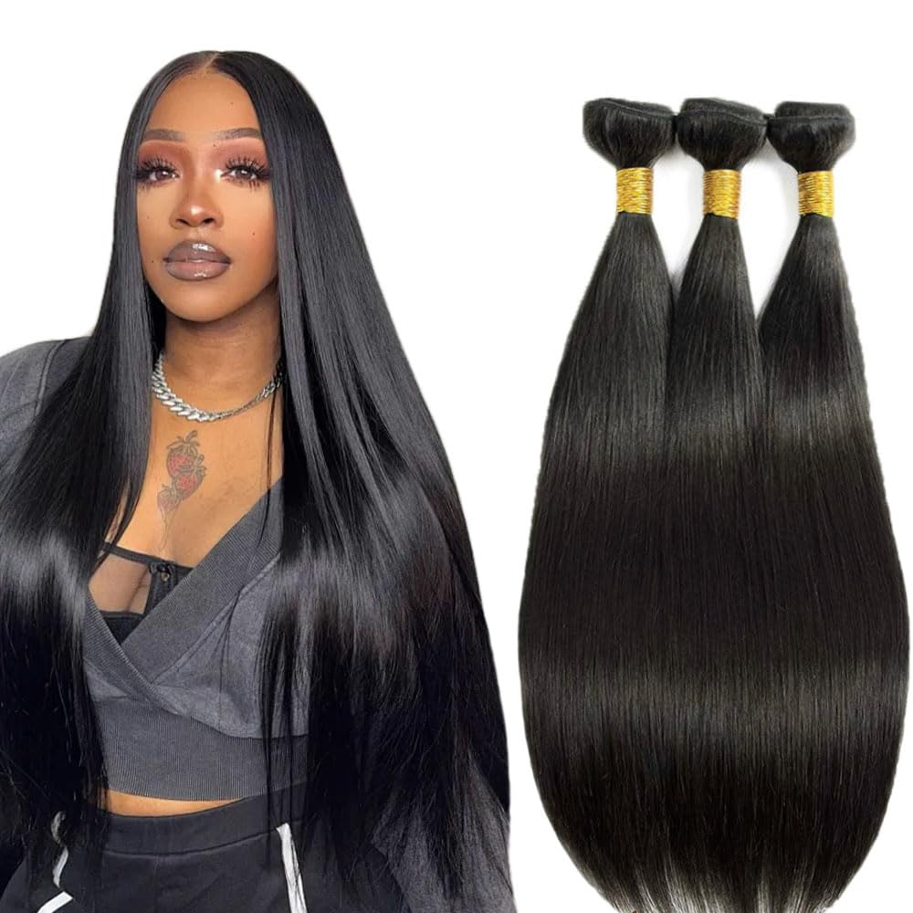 12 14 16 Inch Straight Bundles Human Hair 3 Bundles Brazilian Remy Hair 50 Grams/Bundle Unprocessed Virgin Hair #1B Natural Blac