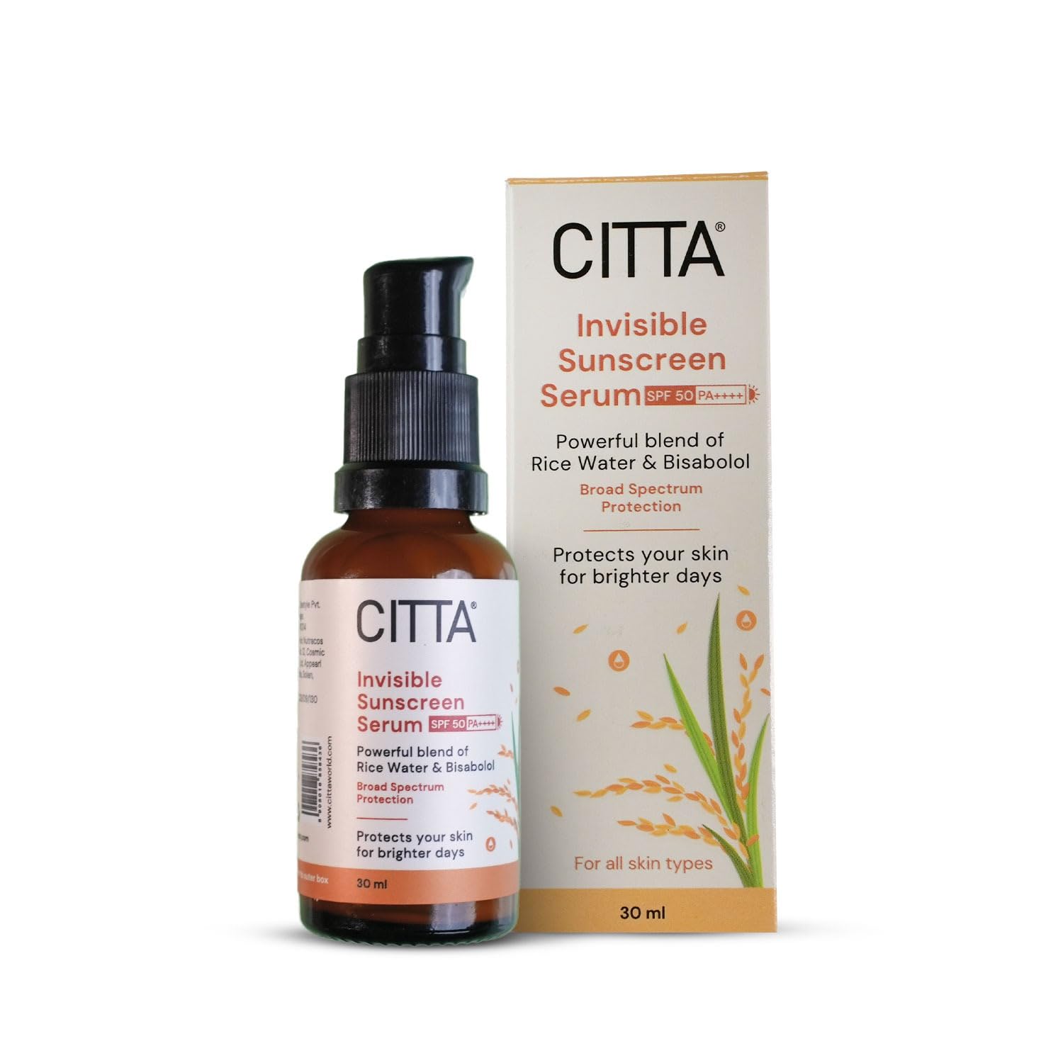 CITTA Invisible Serum Sunscreen SPF 50 PA++++  Lightweight, Hydrating Fluid Sunscreen with Rice Water  No White Cast  Broad S