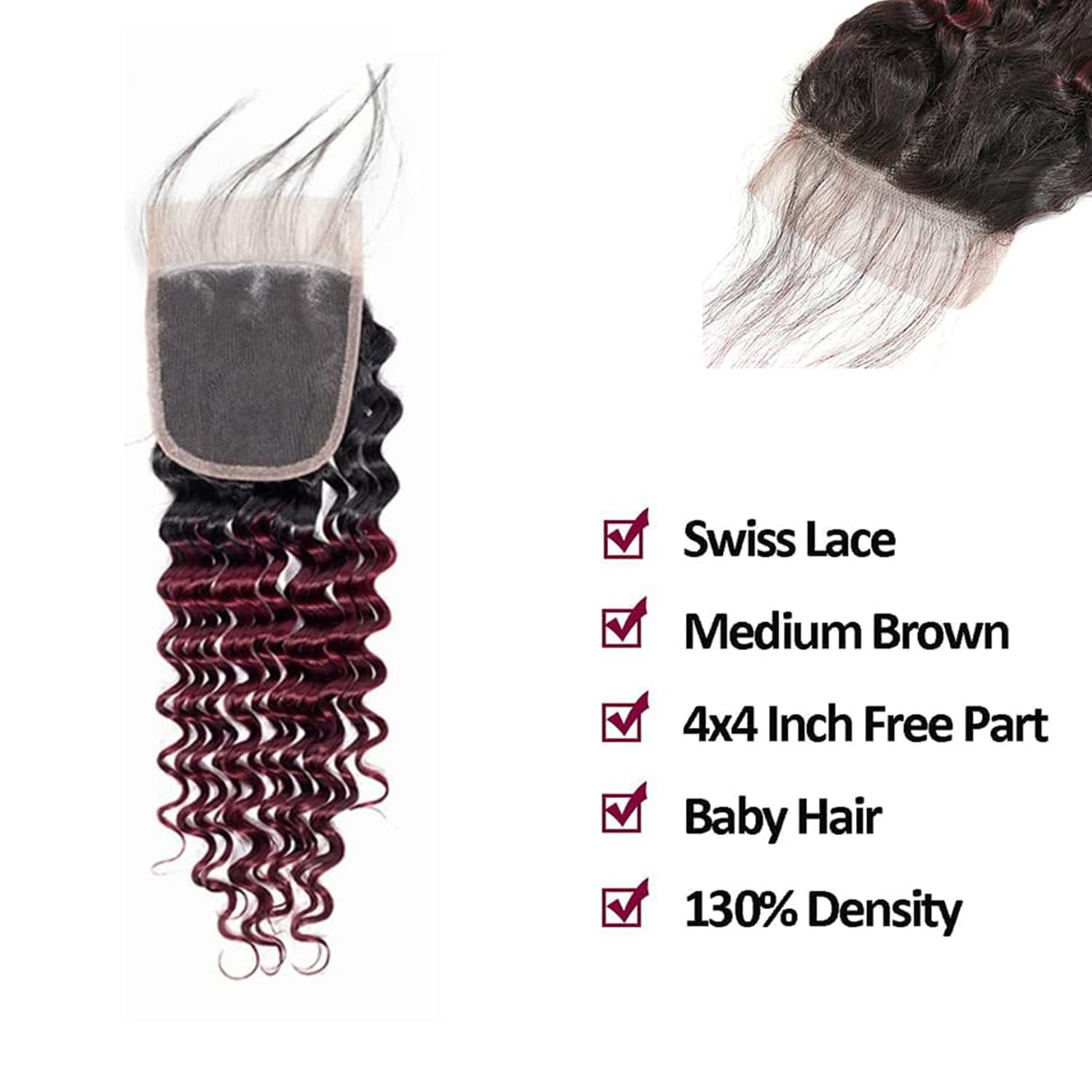 4x4 Deep Wave Closure 20 Inch Burgundy Human Hair 1b/99j Red Deep Wave Closure Brazilian Unprocessed Virgin Hair Wet And Wavy Cl
