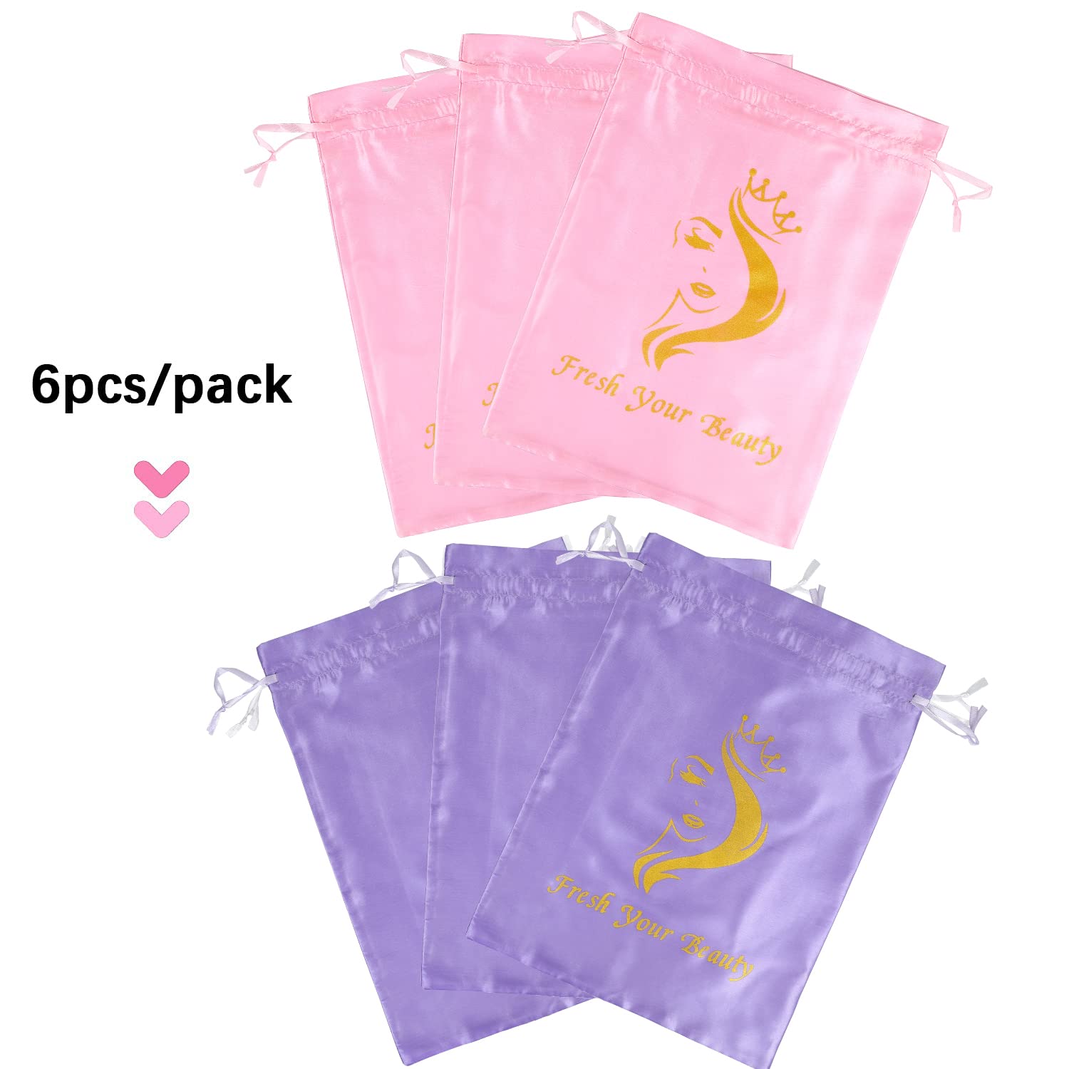 6pc Satin Wig Bags - Drawstring Silk Storage for Wigs, Extensions & Gifts (Mix Purple & Pink)