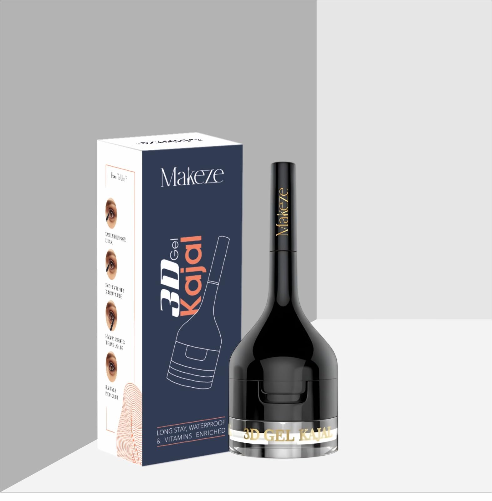 Makeze 3In1 3D Gel Kajal Eyeliner Eyebrow Filler Smudgeproof & Waterproof With Almond & Biotin Long Lasting Formula