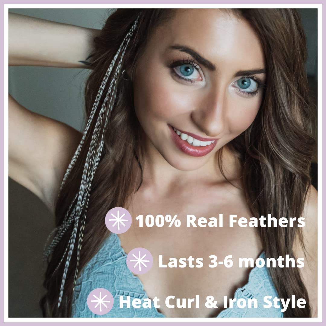 Hair Feathers Kit, 20 Long Feather Extensions with beads and loop tool kit, Black and White Striped,100% Real Rooster Feather Ac