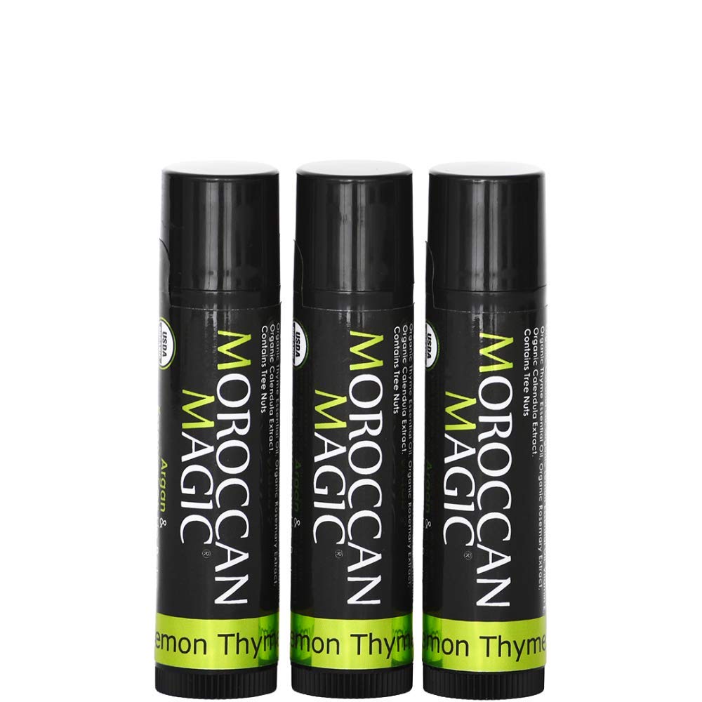 Moroccan Magic Organic Lemon Thyme Lip Balm 3 Pack  Made with Natural cold Pressed Argan and Essential Oils Lip Balm  Smooth App