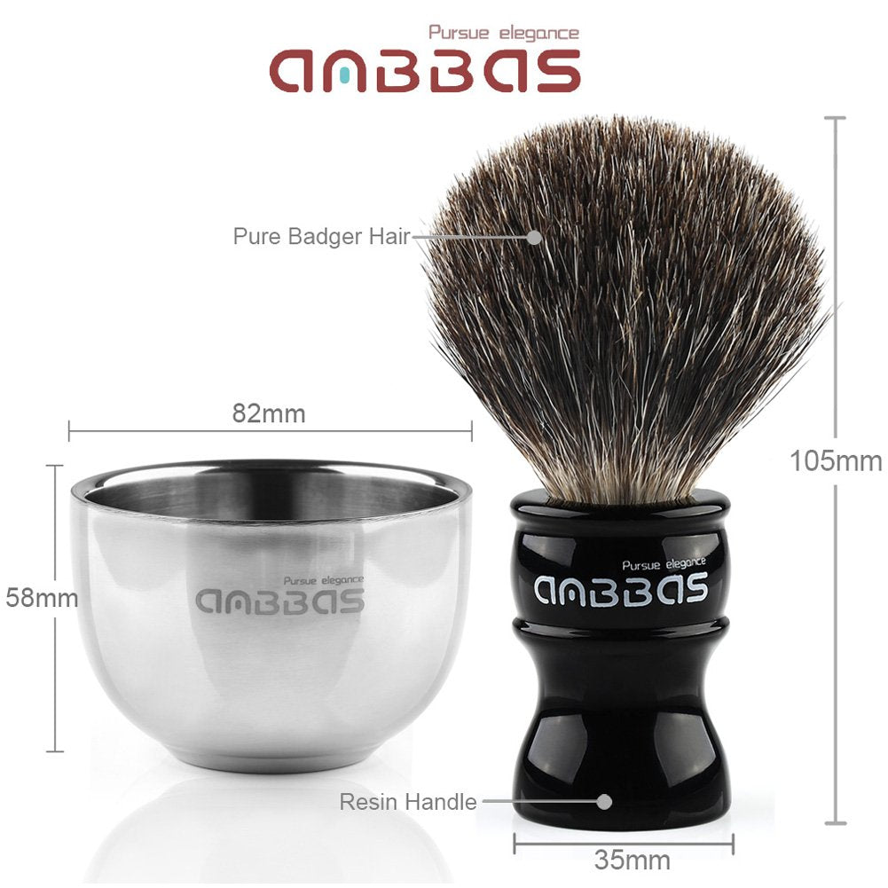 Shaving Set, 4In1 Anbbas Pure Black Badger Shaving Brush With Long Resin Handle And Acrylic Thicken Shaving Stand,Soap Bowl Stai
