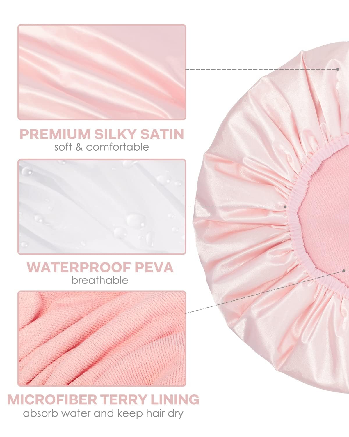 Aquior Shower Cap,Triple Layer Shower Cap For Women, Reusable Waterproof Bath Cap,Silky Satin Outer Layer Terry Lining, Extra La