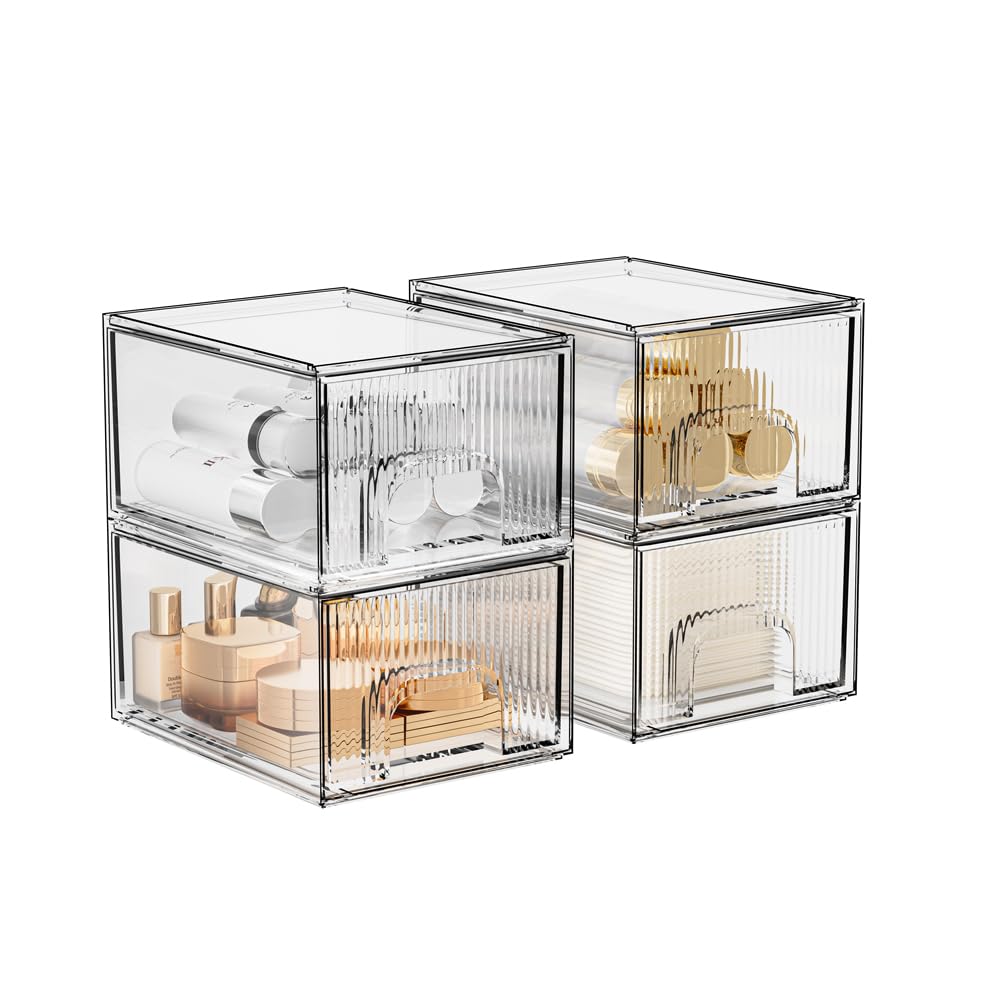Zhiai Makeup Organizer Drawers, Stackable Stripes Bathroom Organizers And Storage For Bathroom, Vanity, And Kitchen Cabinets 4 P