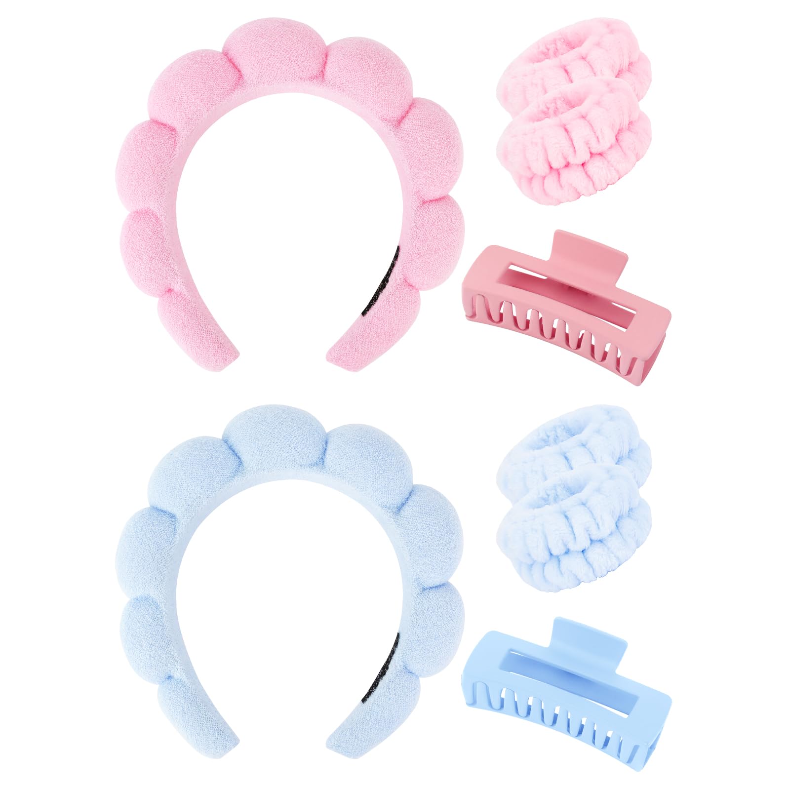 Wecoe Pink Blue Spa Headband And Wristband Set Skincare Headband For Washing Face Hair Claw Clips For Thick Hair Cute Puffy Spon