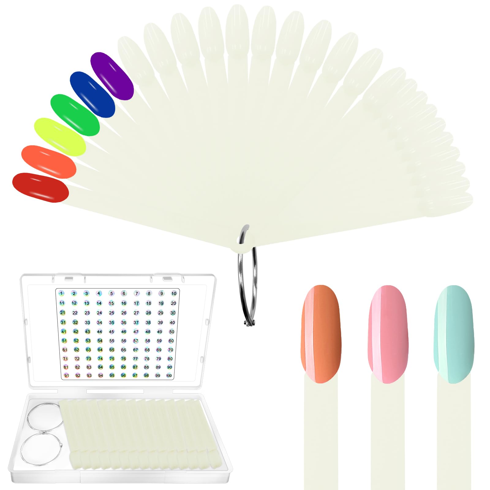 Laza 100 Pcs Nail Swatch Sticks Box-packed with Ring and Numbered Stickers Nail Art Polish Color Display Practice Tips Natural B