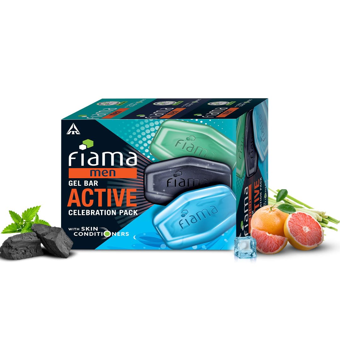 Fiama Men Gel Bar Active Celebration Pack With 3 Unique Gel Bars, 375G (125G - Pack Of 3),Charcoal And Grapefruit, Refreshing Pu