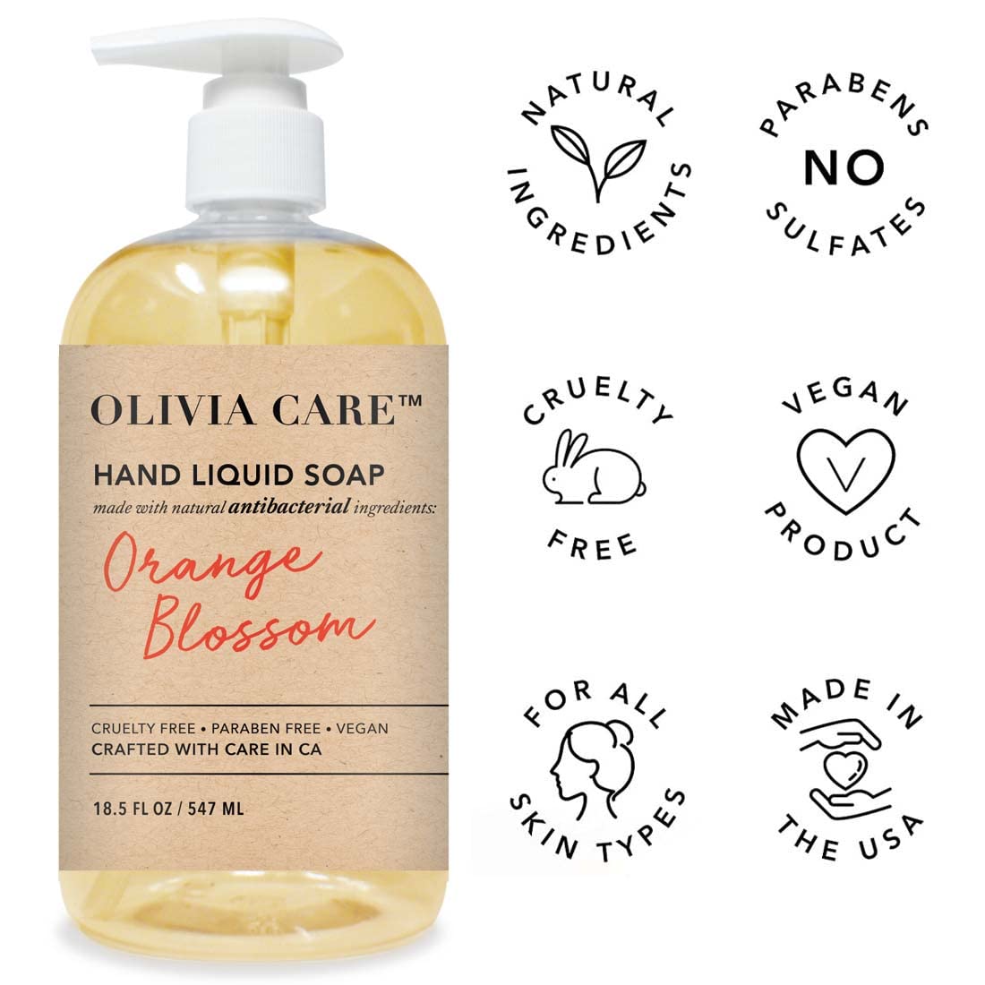 Olivia Care Antibacterial Hand Soap - Infused With Sage & Tea Tree Oil & Orange Blossom Fragrance, Cleansing, Germ-Fighting, Moi