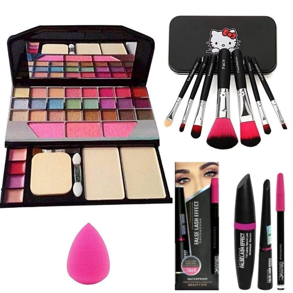 Swizhuda 6155 Multicolour Makeup Kit And 7 Black Makeup Brushes Set, 3In1 Eyeliner,Mascara,Eyebrow Pencil With 1 Pink Beauty Ble