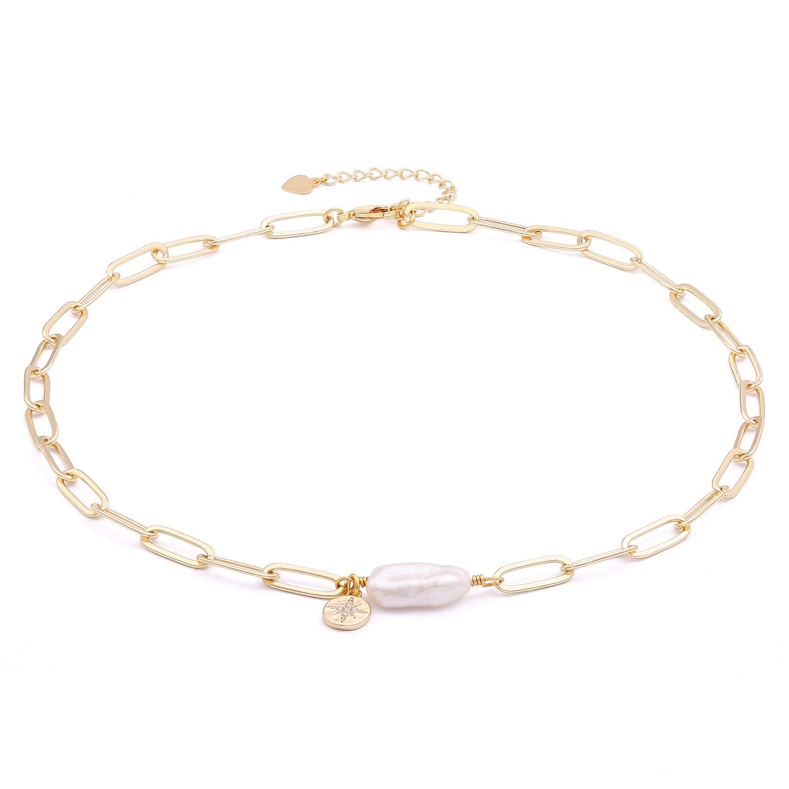 Aobei Pearl Chunky 18k Gold Chain Choker Necklace Freshwater Biwa Pearl Pendant CZ Starburst Charm Statement Jewelry for Women 1