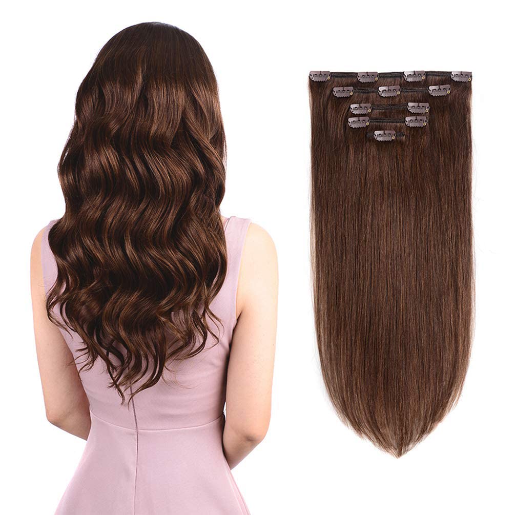 5 Pieces 16 Remy Clip in Hair Extensions Human Hair Medium Brown - Beauty Silky Straight Short Thick Real Hair Extensions for Wo