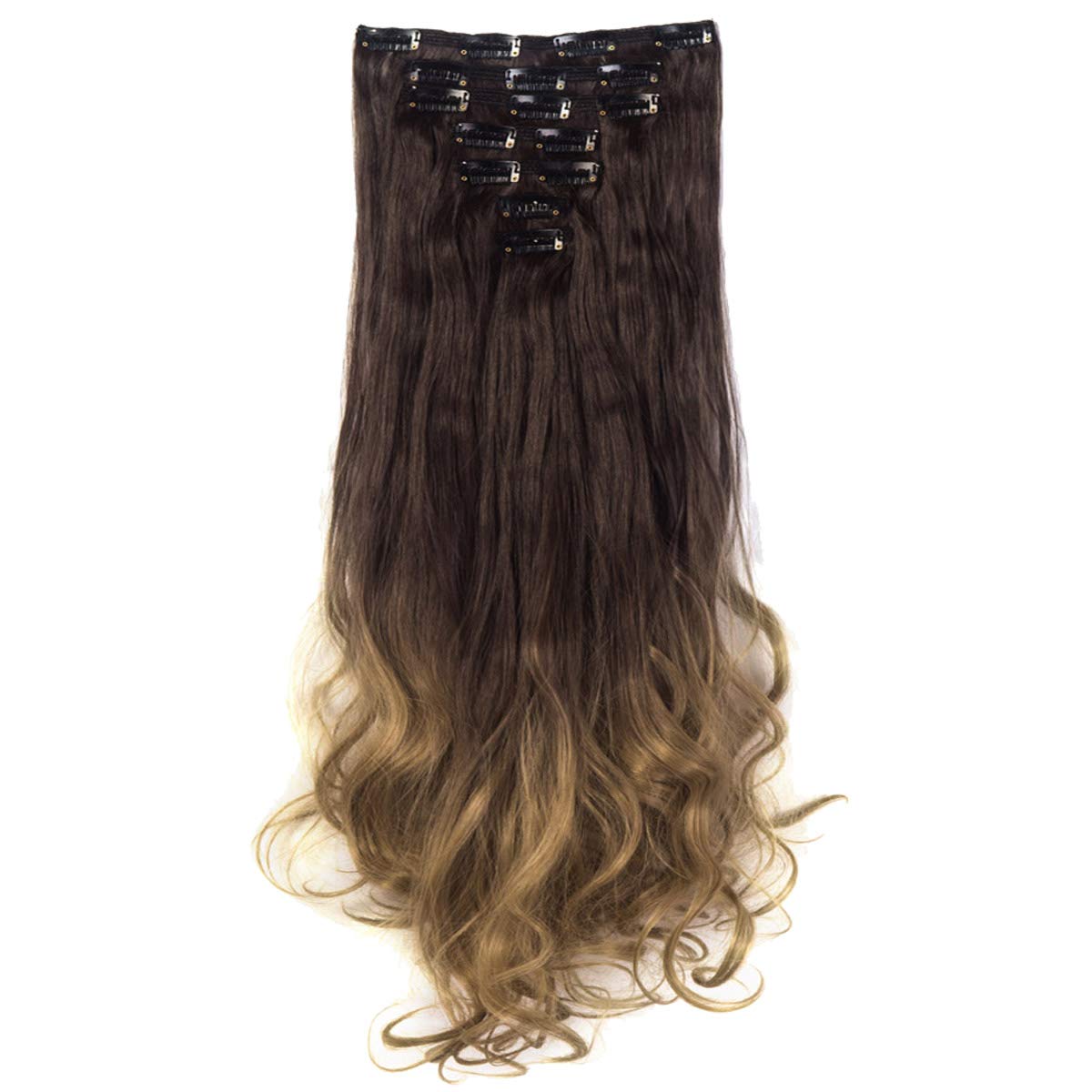 LELINTA 7Pcs 16 Clips 24 Inch Wavy Curly Full Head Clip in on Double Weft Hair Extensions Dark Brown To Ash Blonde