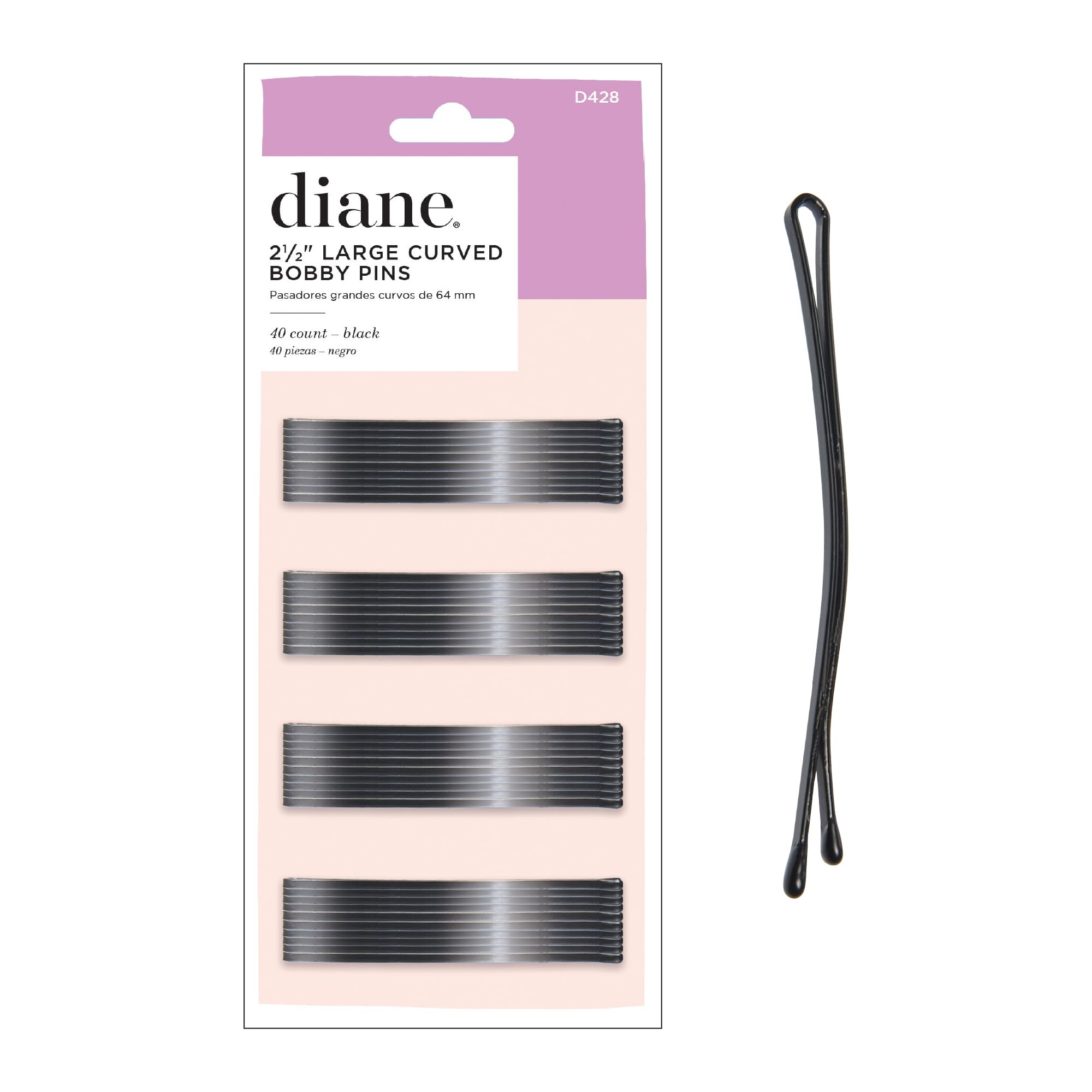 Diane Hair Bobby Pins For Women  Large 2.5 - Black, Curved Flat Design With Ball Tips, D428 - 40 Count (Pack Of 1)