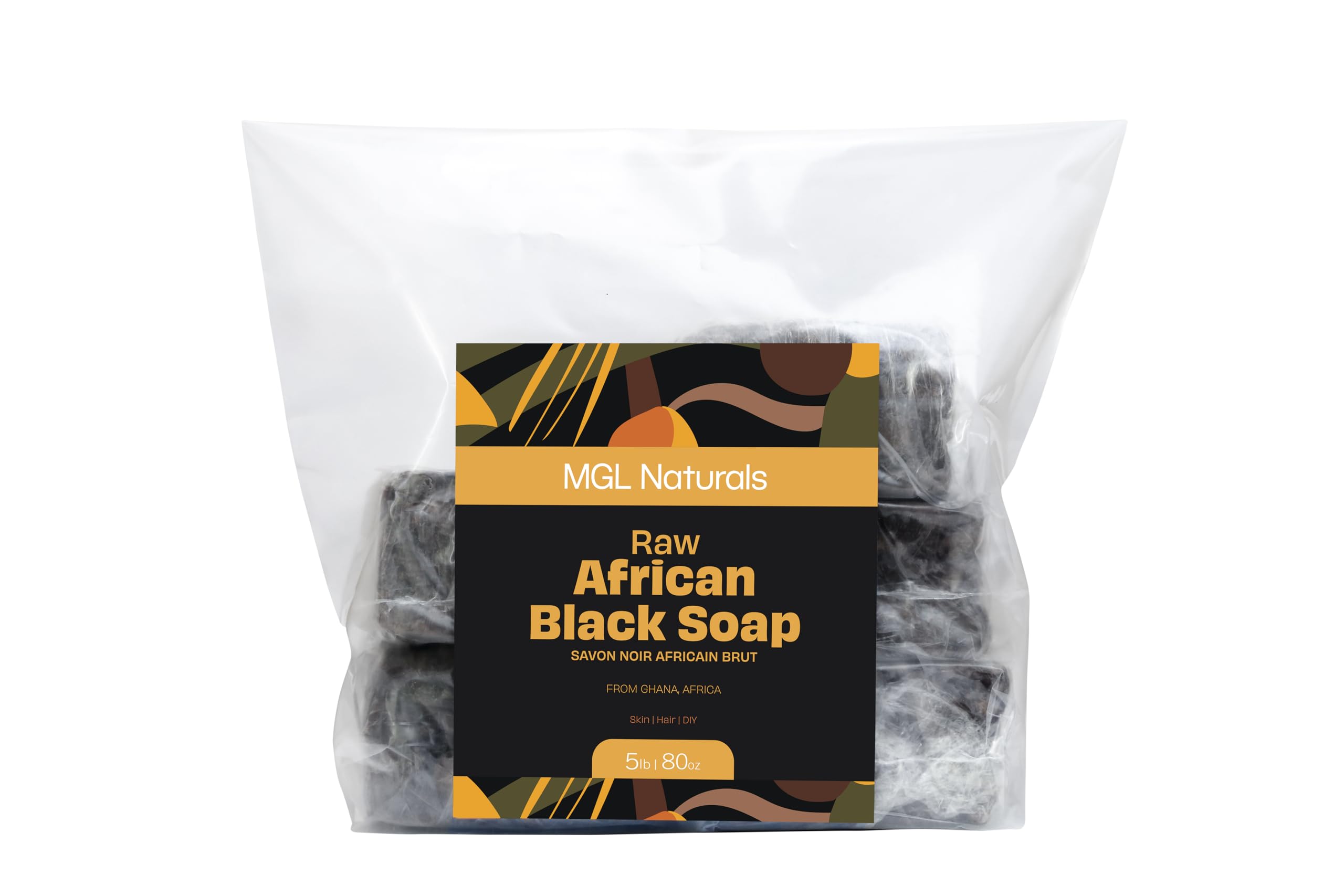 MGL Naturals Raw African Black Soap 5 lb bulk handmade from Ghana, Africa | Vegan & Organic | Face and body deep cleanse wash. H