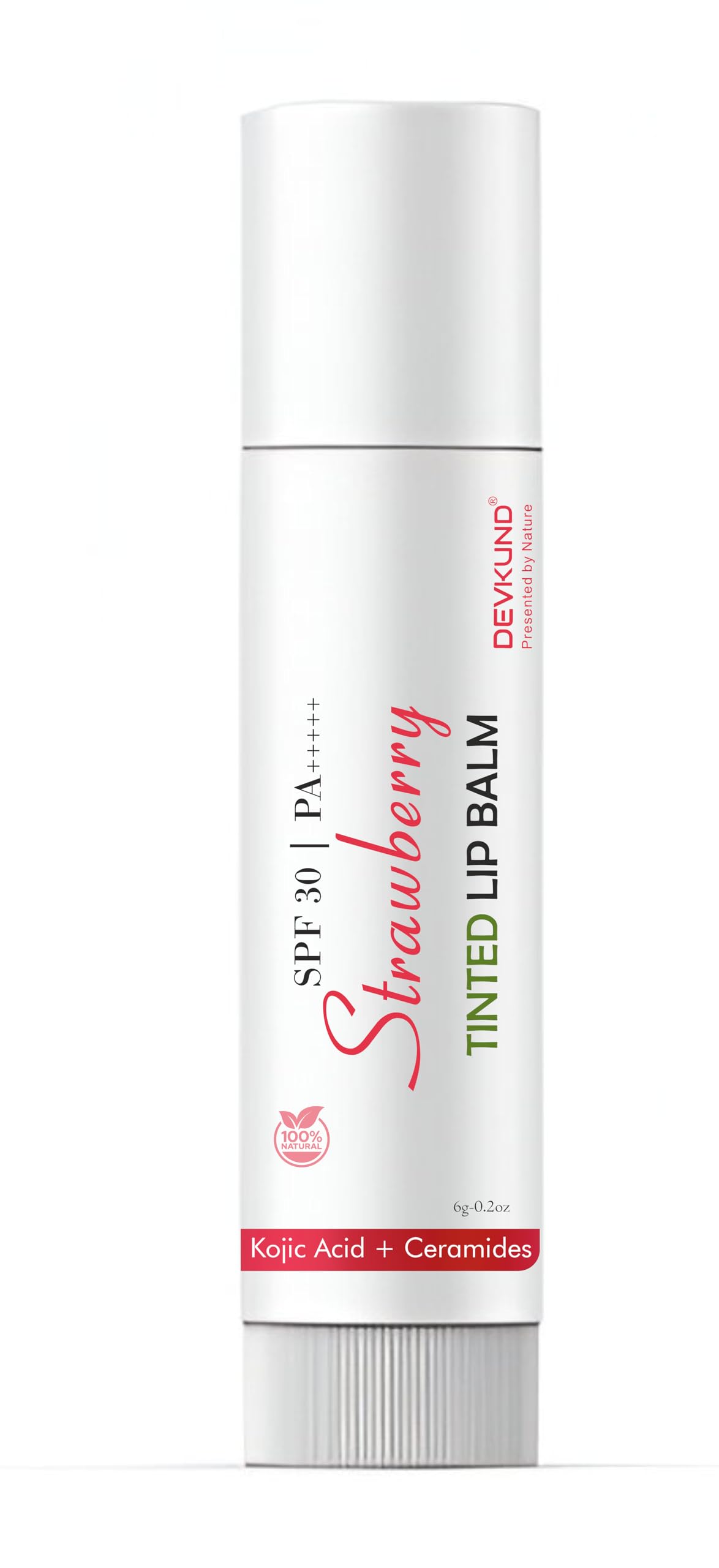 Devkund Strawberry Tinted Lip Balm With Kojic Acid, Ceramide, Pink, Spf 30, Moisturizing Formula, Glossy Finish, 6G