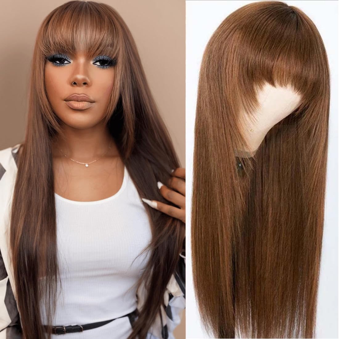 Beauty Forever Color Wig #4 Chocolate Brown Straight Human Hair Wigs with Bangs,Affordable Layer Cut Straight Glueless Dark Brow