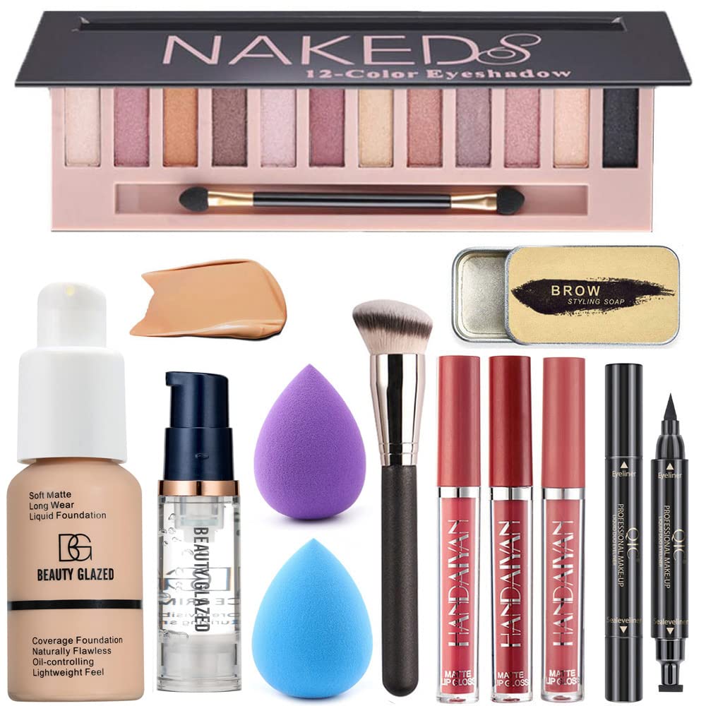 All in One Makeup Kit For Girls 12 Colors Naked Matte Shimme Eyeshadow Palette, Buff Beige Foundation Face Primer, Makeup Brush,