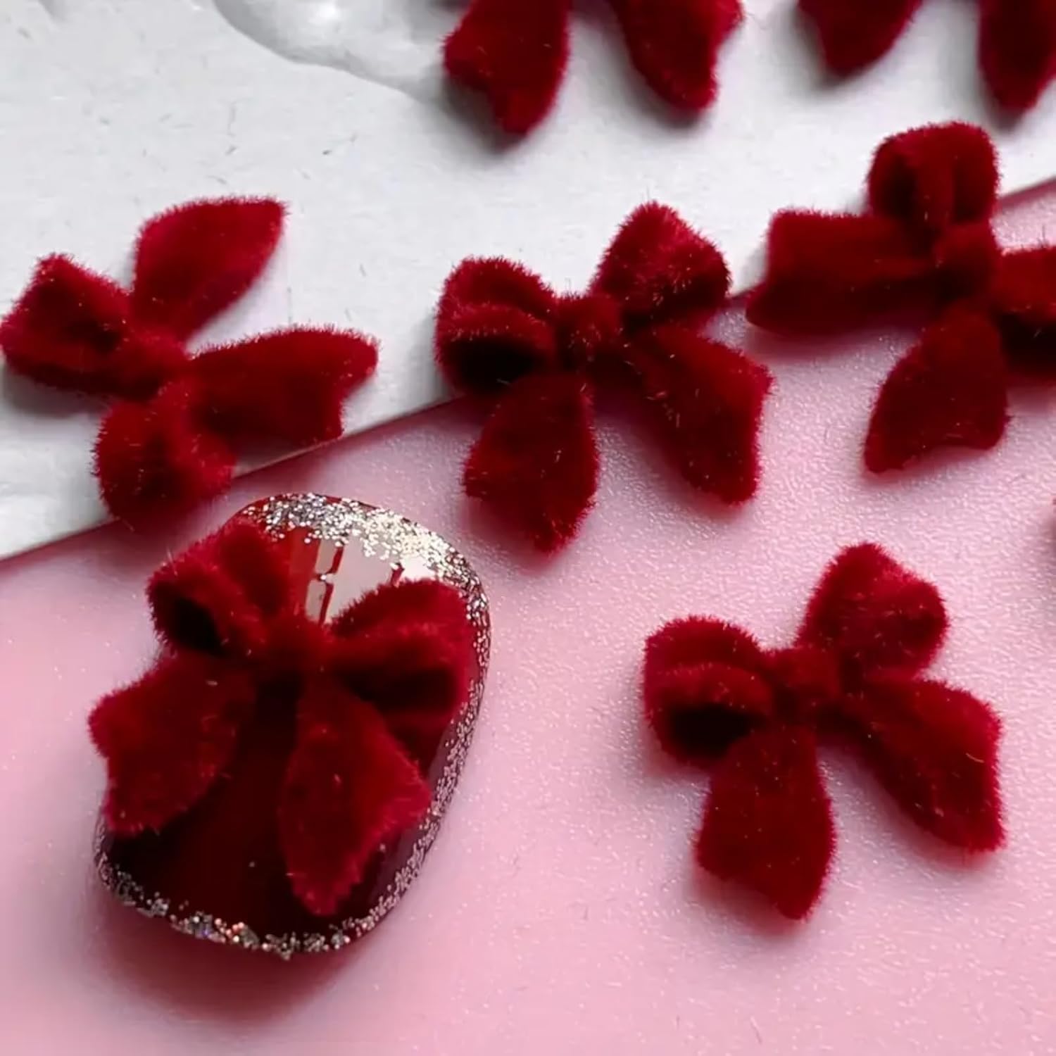 50Pcs Bow Nail Charms 3D Red Ribbon Bow Nail Art Charms Premium Velvet Flat Back Nail Designs Charms Cute Red Resin Bow Nail Art