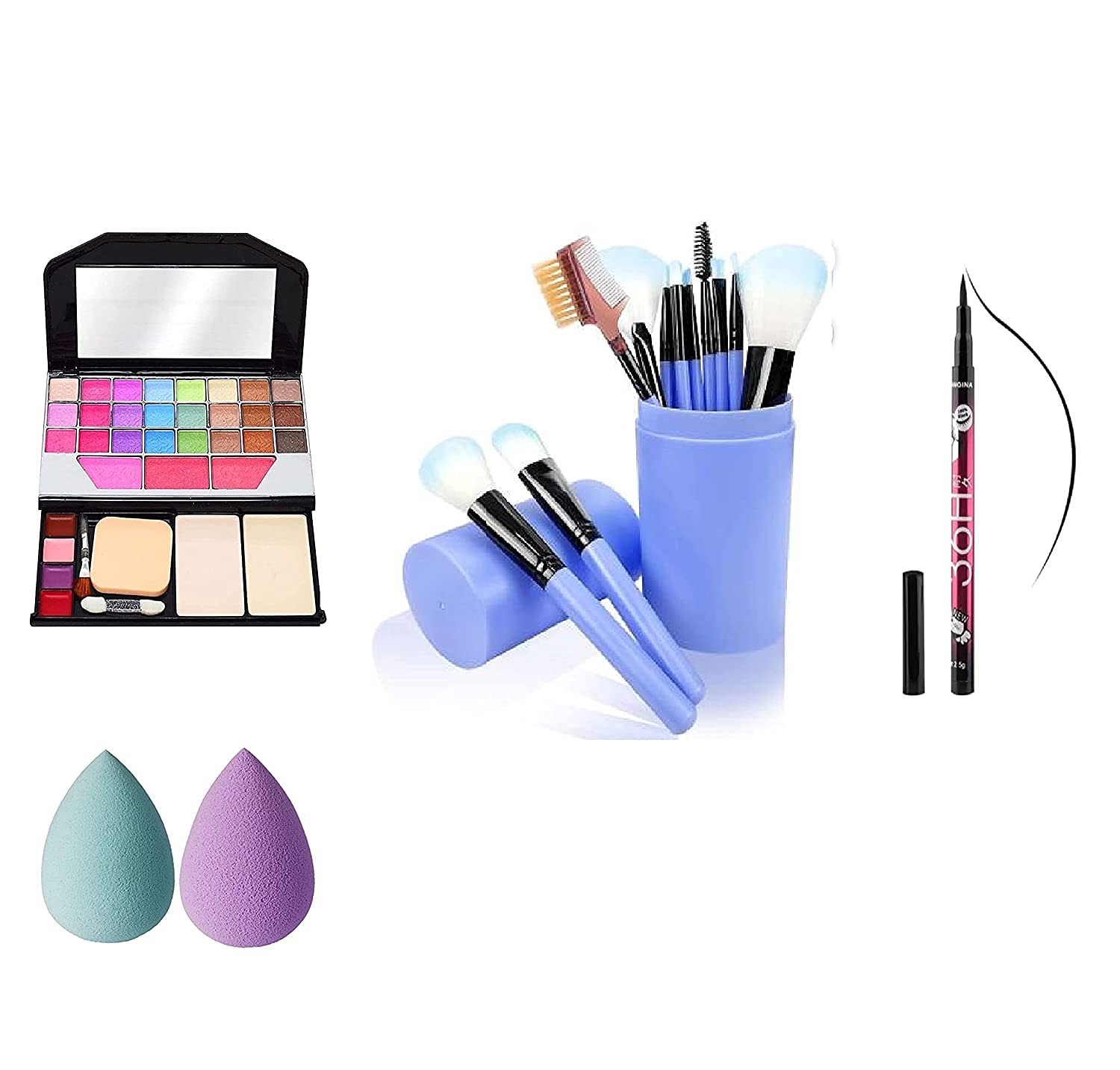 Datnasayad 6155 Makeup Kit With 12Pcs Blue Makeup Brushes Set, 1 36H Eyeliner With 2 Multicolour Beauty Blenders For Women And G