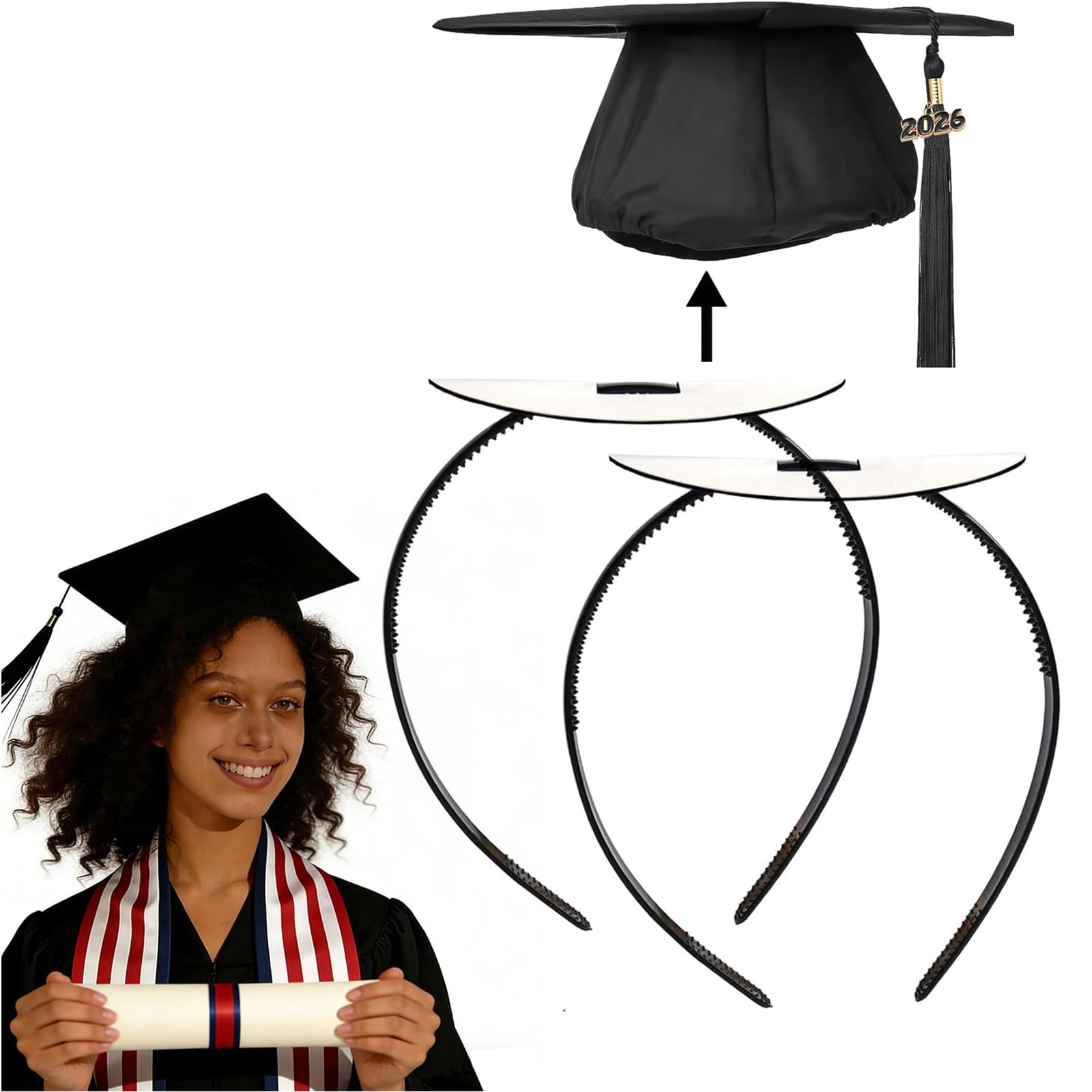 Graduation Cap Headband for Women - Black 1 Pack Firm Anti-Fall Hair Band,Graduation Hat Headband Holder for Secure Grad Cap and