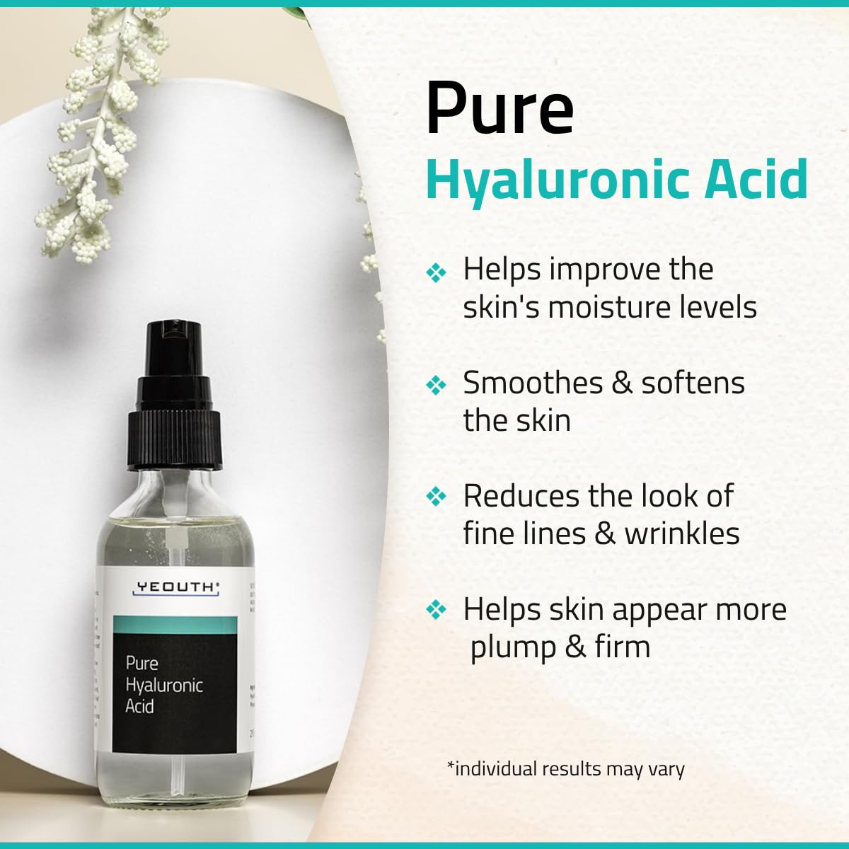 Yeouth Pure Hyaluronic Acid Serum For Face, Hydrating Serum For Face, Wrinkles, Dark Spots & Dull Skin, Anti Aging Serum, Hyalur