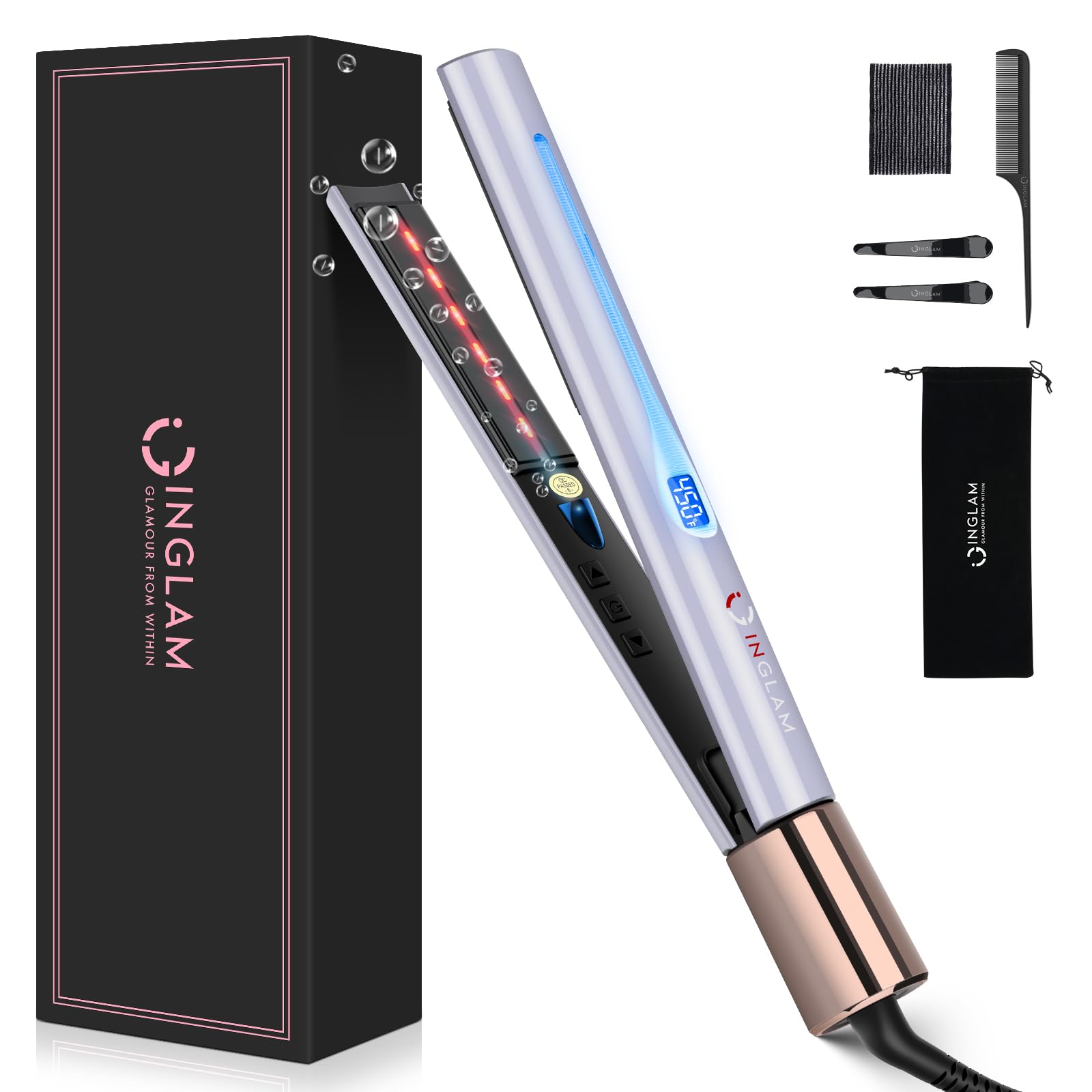 IG INGLAM Titanium Flat Iron Hair Straightener, Curling Iron 1 Inch, Infrared Negative Ionic Hair Iron Straightener 11 Adjust Te