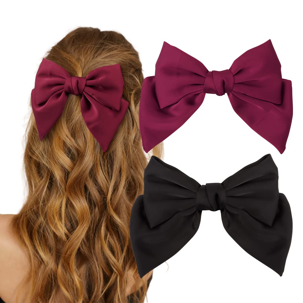 ATODEN Satin Bowknot Hair Accessories - Silky Red and Black Large Barrettes, Metal Vintage Clips for Women and Girls