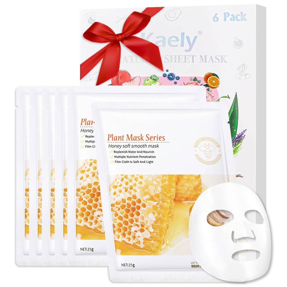 Kaely 6 Pack Honey Sheet Masks,Hydrating Smoothing Face Masks For Women Men,Facial Mask Skin Care Korean,Moisturize,Brighten,Nou