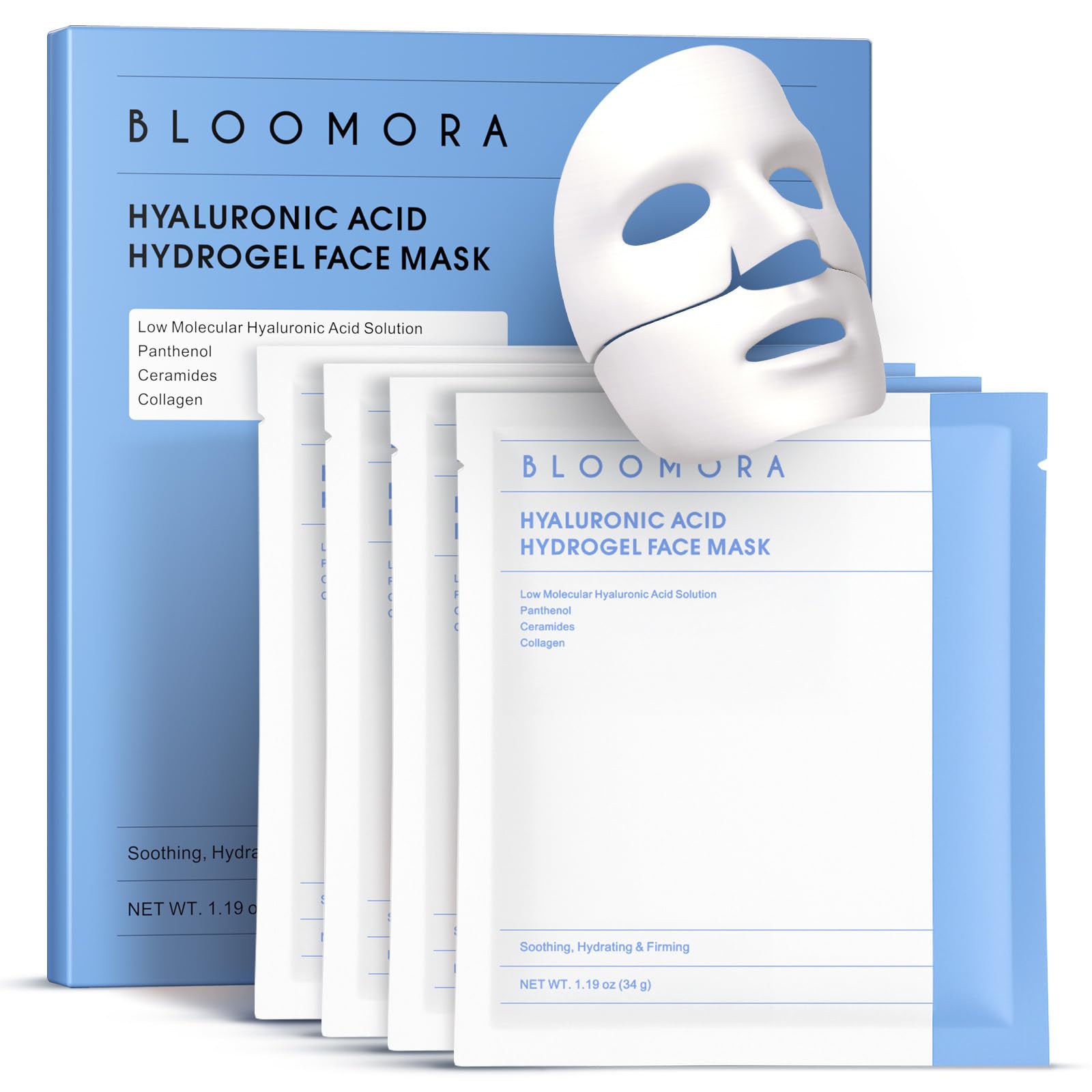 BLOOMORA Hyaluronic Acid & Collagen Face Mask Overnight, Hydrogel Hydrating Facial Mask, Moisturizing & Tightening Low Molecular