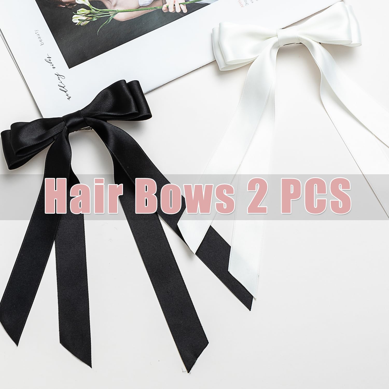 Seneeel Hair Bows, 2 Pcs Large Double Ribbon Bow For Women - Black, White