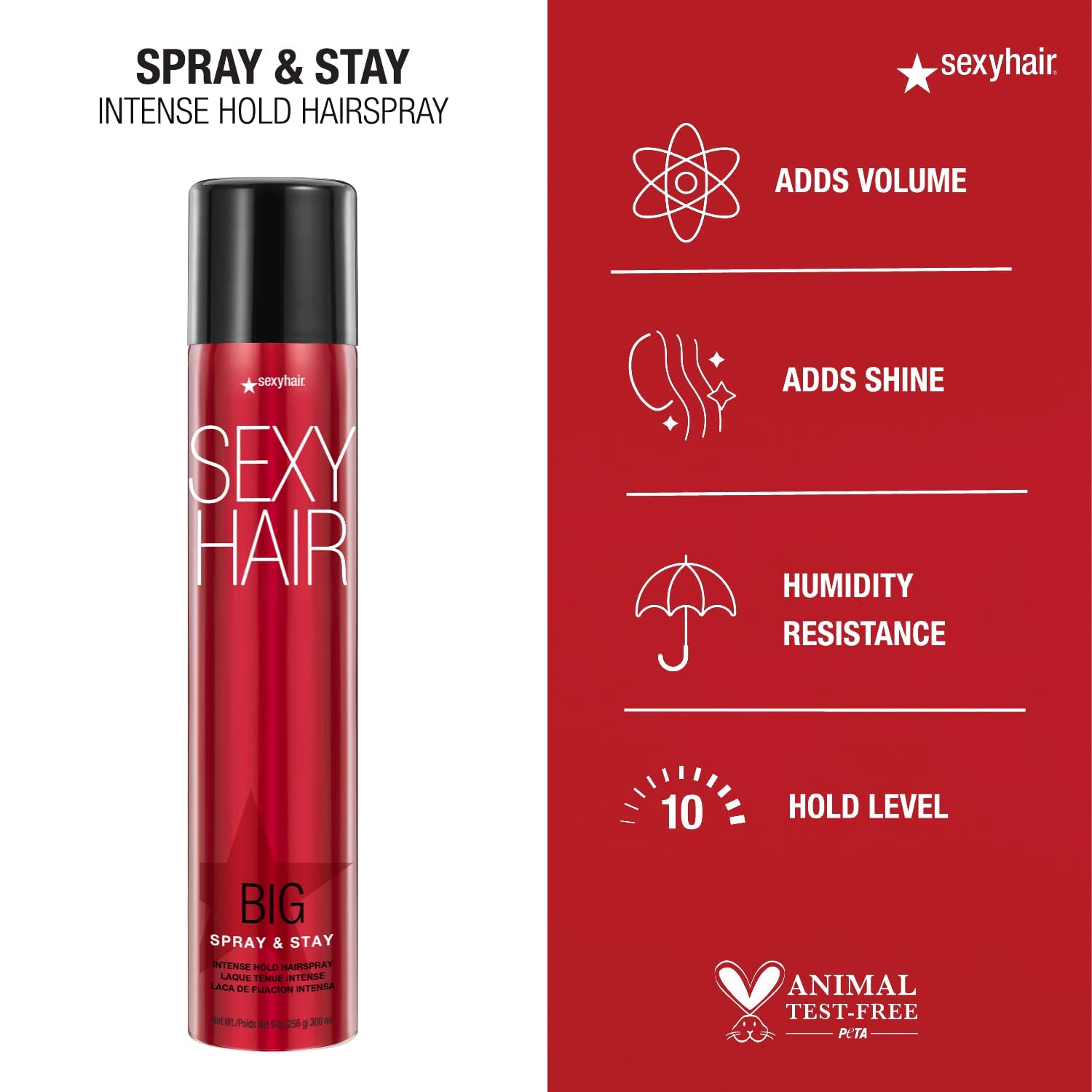 Sexyhair Big Spray & Stay Intense Hold Hairspray, 9 Oz | Extreme Hold And Shine | Up To 72 Hour Humidity Resistance | All Hair T