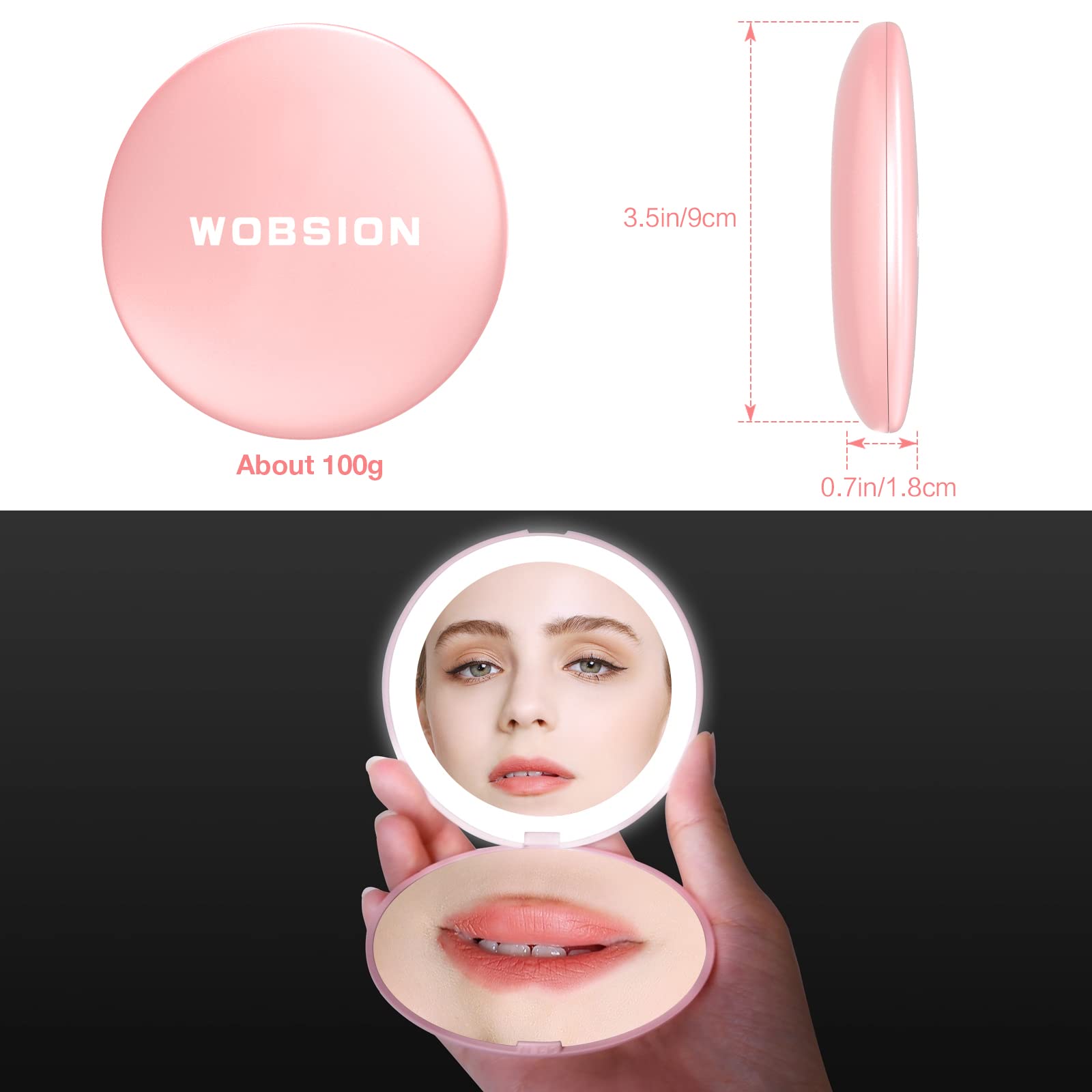 Wobsion Compact Mirror With Light, 1X/10X Magnification Travel Makeup Mirror, Handheld 2-Sided Mirror, Compact Mirror For Purses