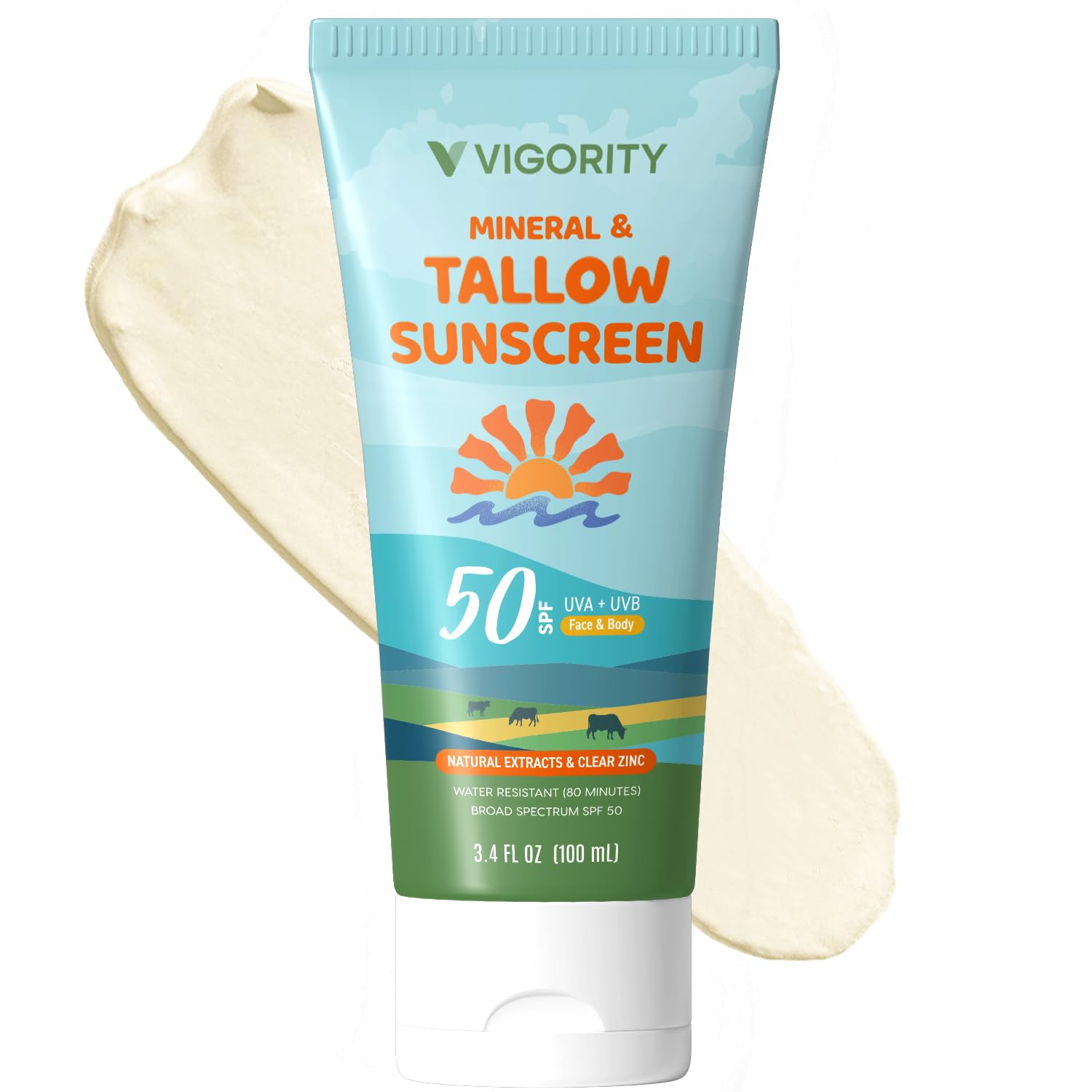Beef Tallow Sunscreen with Zinc Oxide: Natural Non-Toxic SPF 50 Tallow Sunblock Cream for Face & Body - with 10 Food-Grade Botan