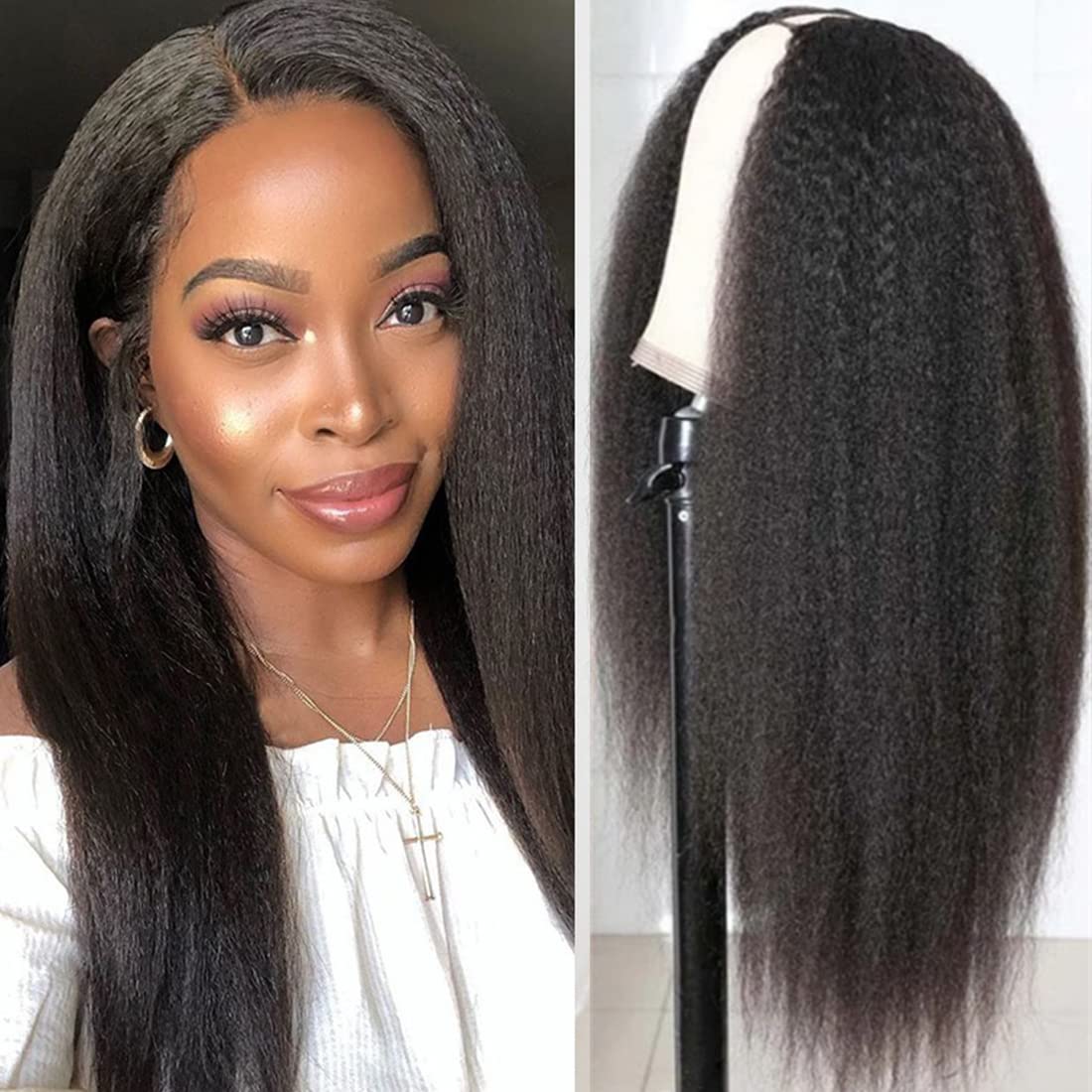 Beauty Forever V Part Wig Human Hair Kinky Straight No Leave Out Upgraded U Part Wigs For Women,10A Grade Yaki Straight Wear And