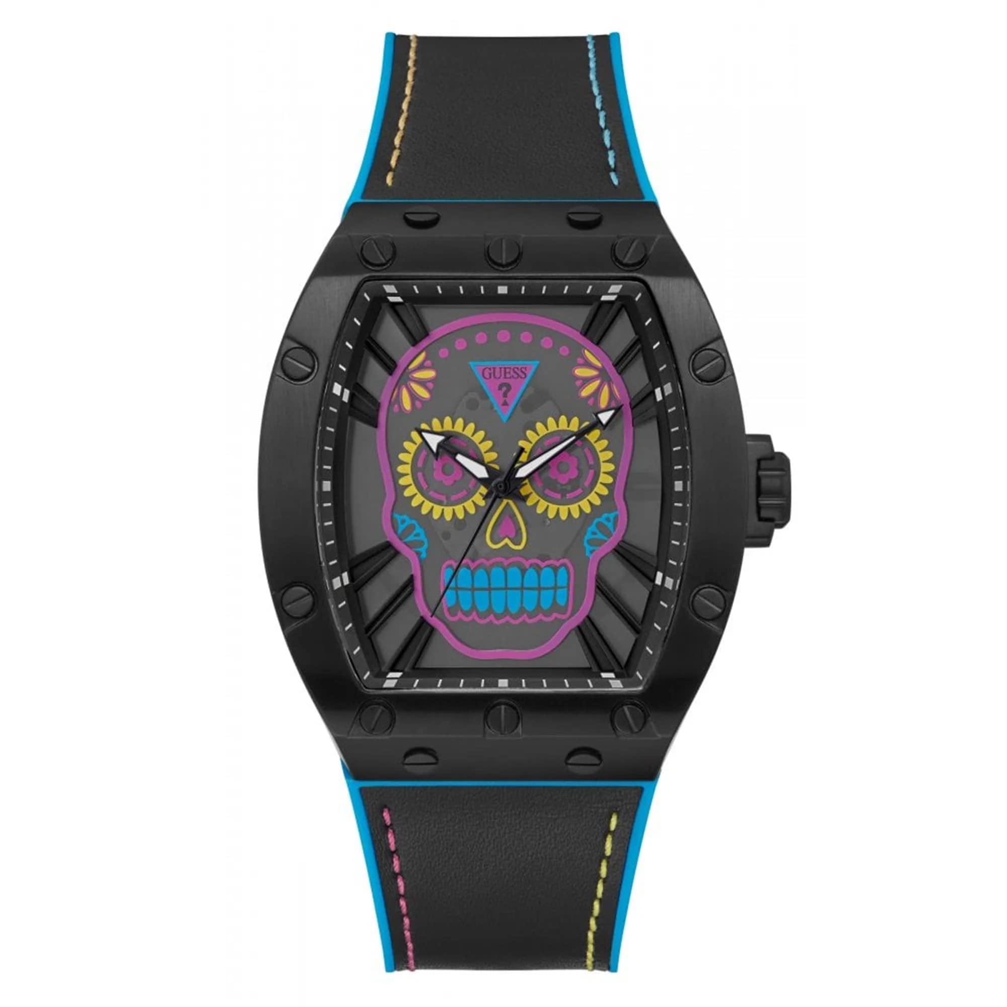 Guess Mens Multi Silicone And Leather Skull Analog Watch, Black