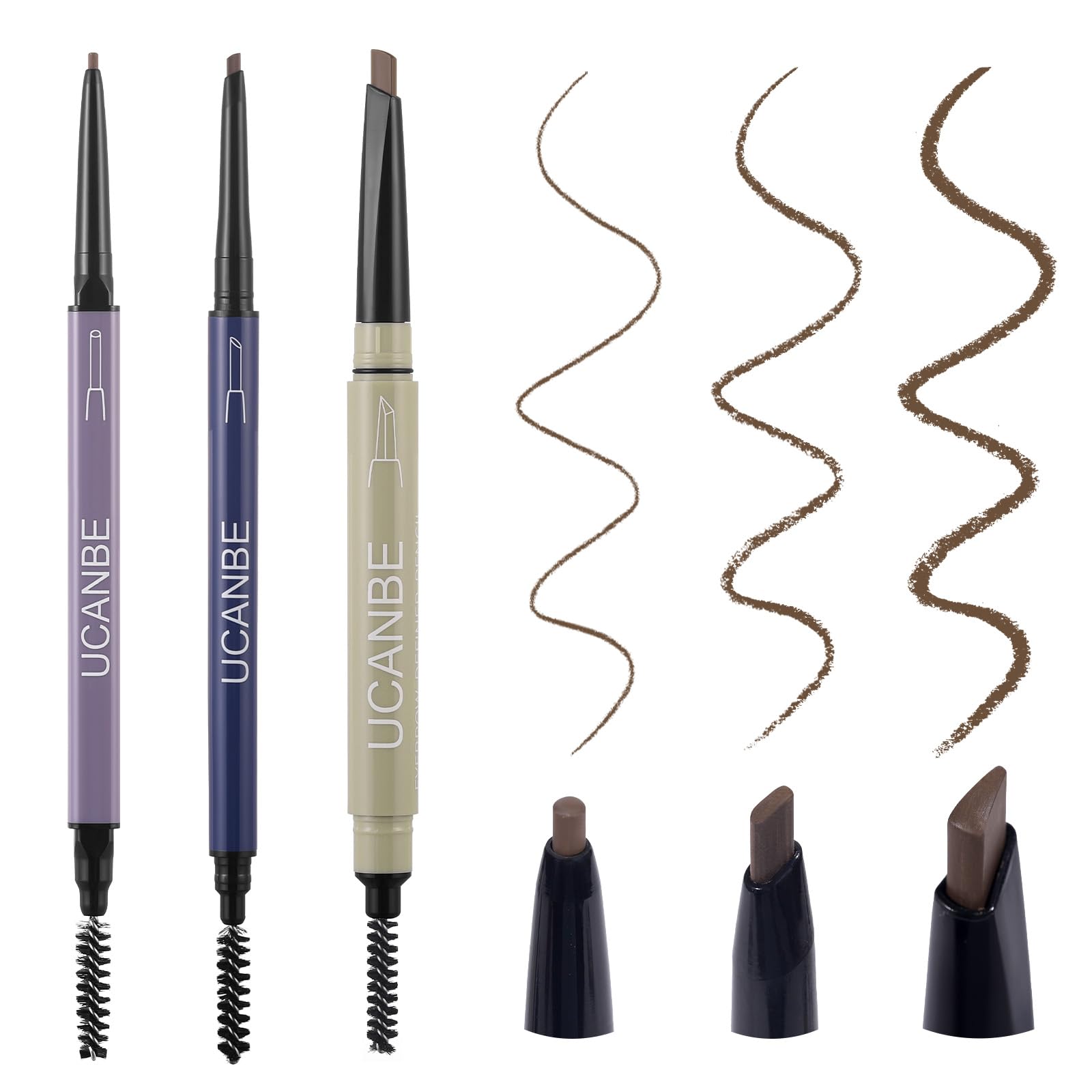 UCANBE 3 PCS Eyebrow Pencils for Women, Brow Pencil Included 3 Types of Tips - Shapes, Defines, Fills, Dual-Sided, Long-Lasting 