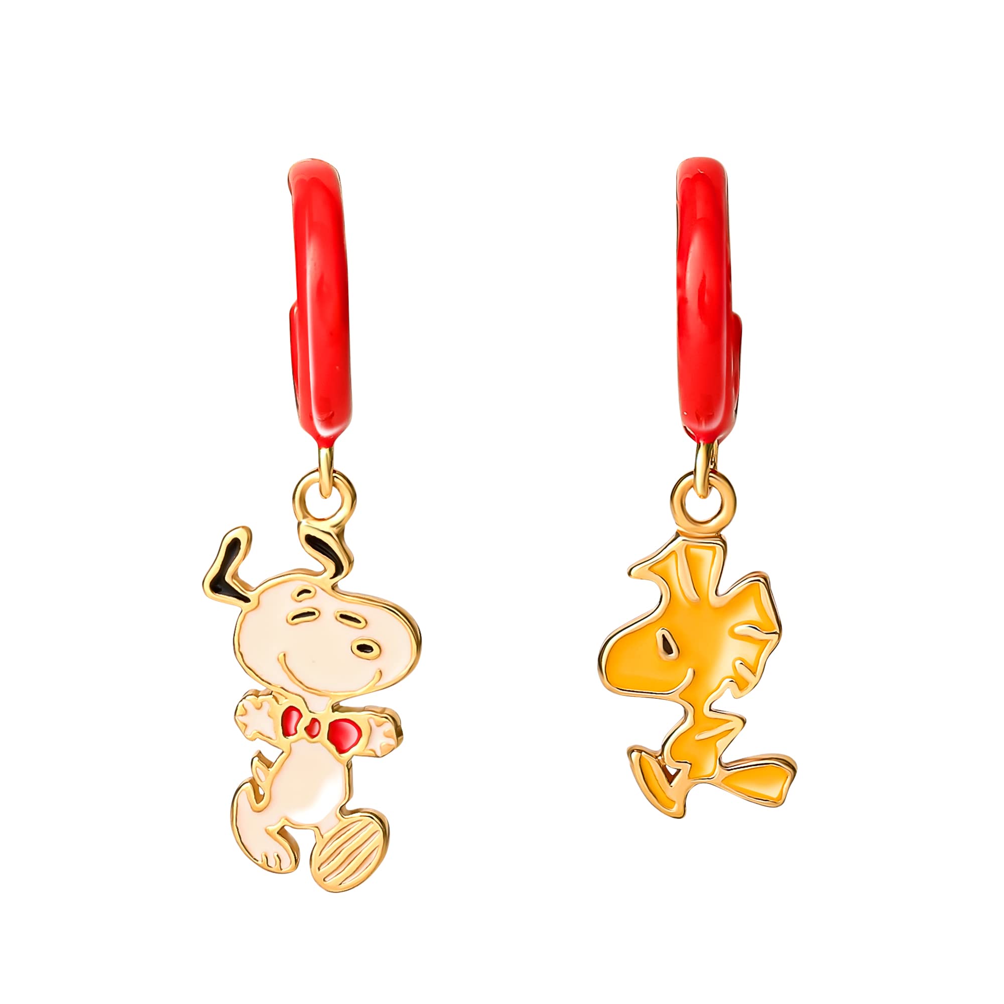 Peanuts Womens Flash Plated Sterling Silver and Enamel Woodstock and Snoopy Earrings - Small Hoop Dangle Earrings with Woodstock