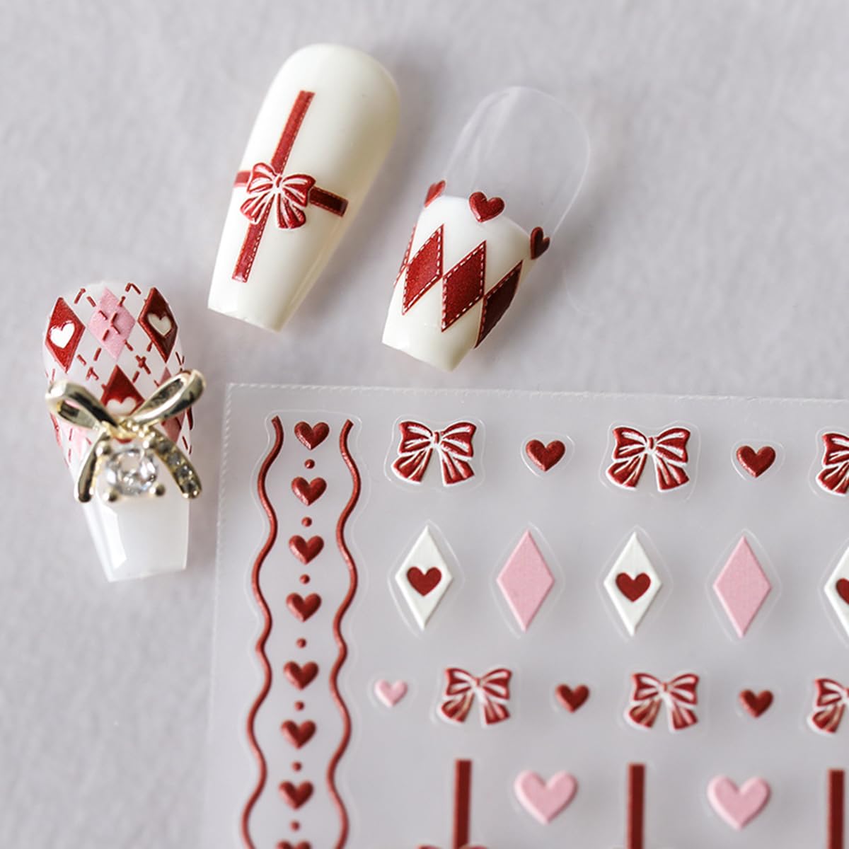 Valentine'S Day Nail Art Stickers Decals 5D Embossed Nail Decals Red Love Heart Bow Rhombus Love Heart Design Valentines Nail Ad